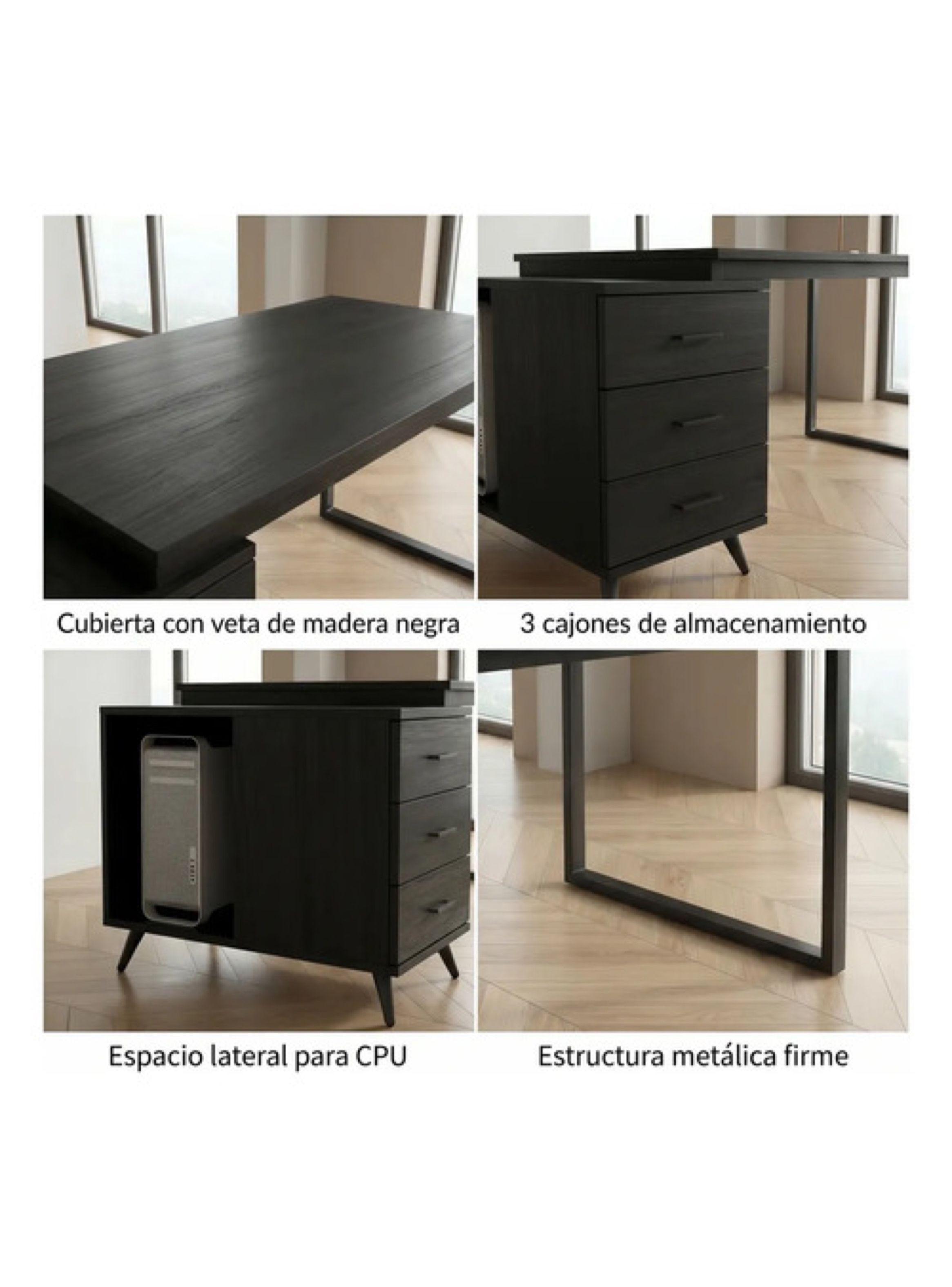 Escritorio Moderno Con Cajoneras 140x60x75cm Para Oficina Color Negro-4