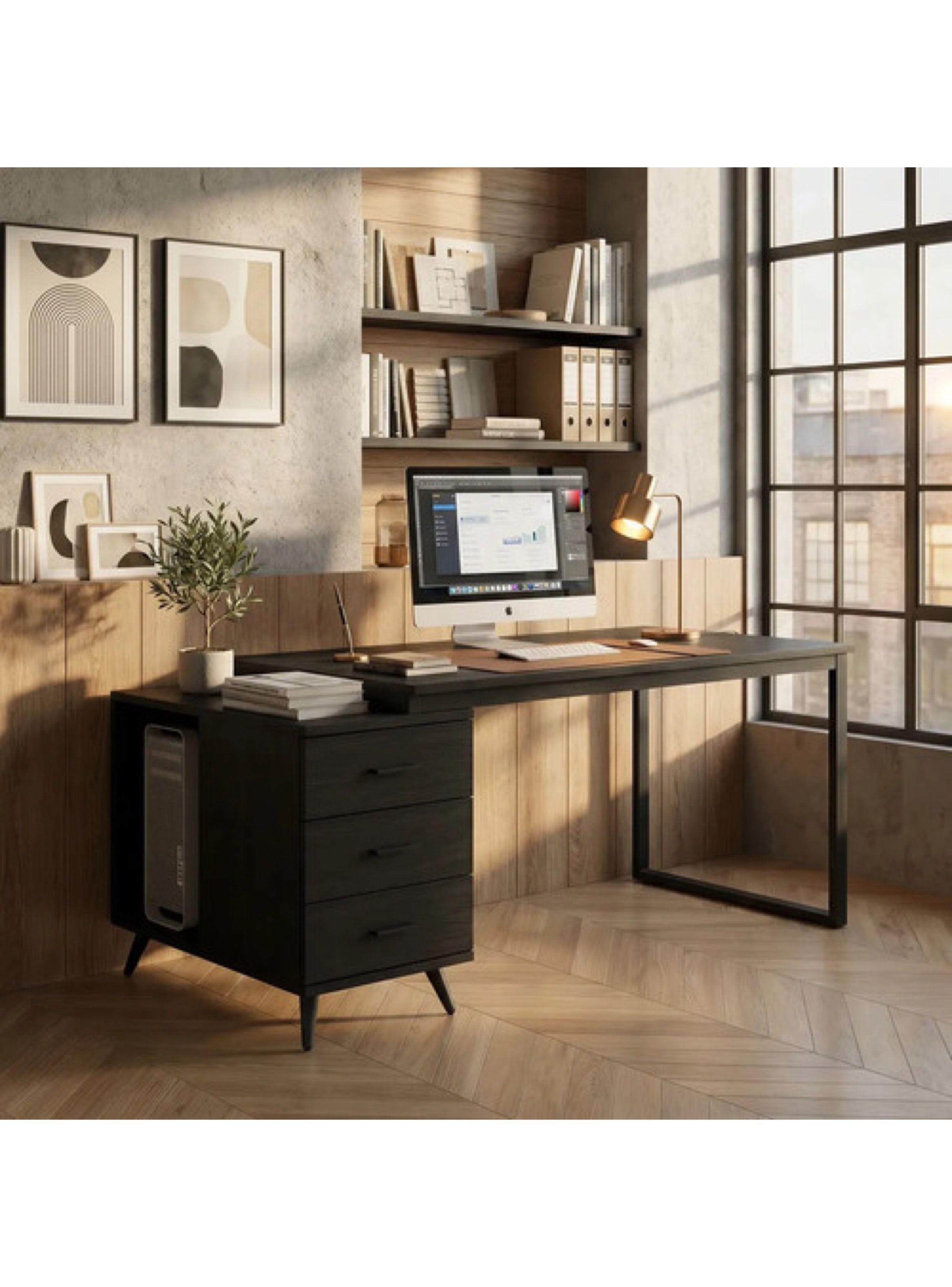 Escritorio Moderno Con Cajoneras 140x60x75cm Para Oficina Color Negro-7