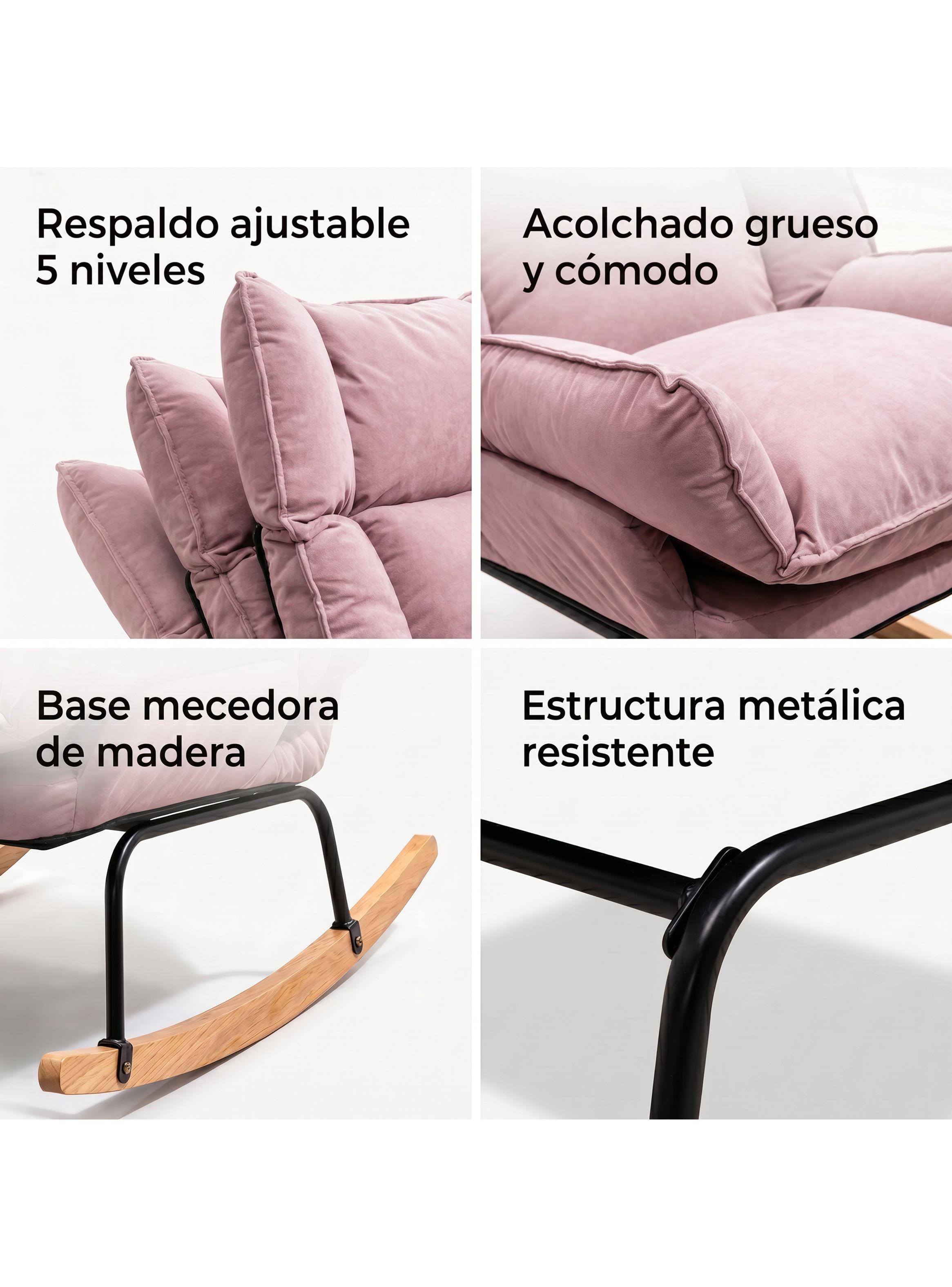 Sillon Mecedor Silla Mecedora Sitial Reclinable Tela Suave Rosa-3
