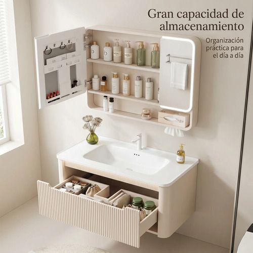 Vanitorio Luz Con Sensor + Botiquín Espejo Inteligente 80cm Beige Un Agujero-2