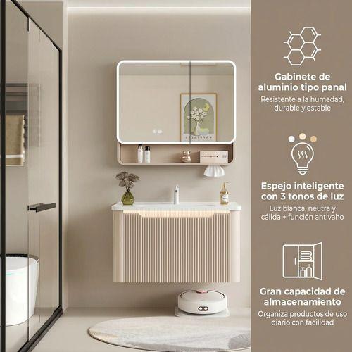 Vanitorio Luz Con Sensor + Botiquín Espejo Inteligente 80cm Beige Un Agujero-3