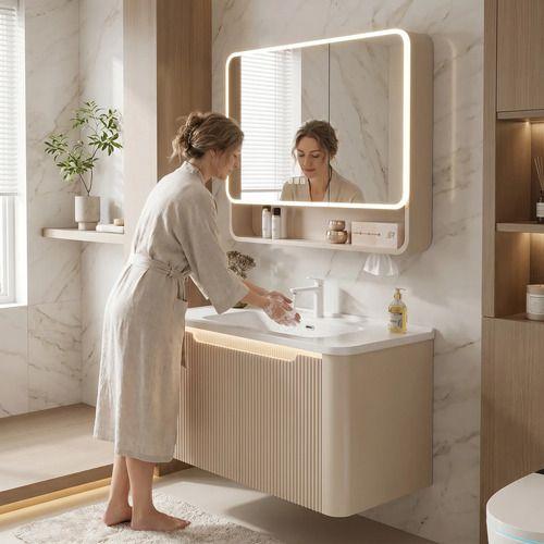 Vanitorio Luz Con Sensor + Botiquín Espejo Inteligente 80cm Beige Un Agujero-6