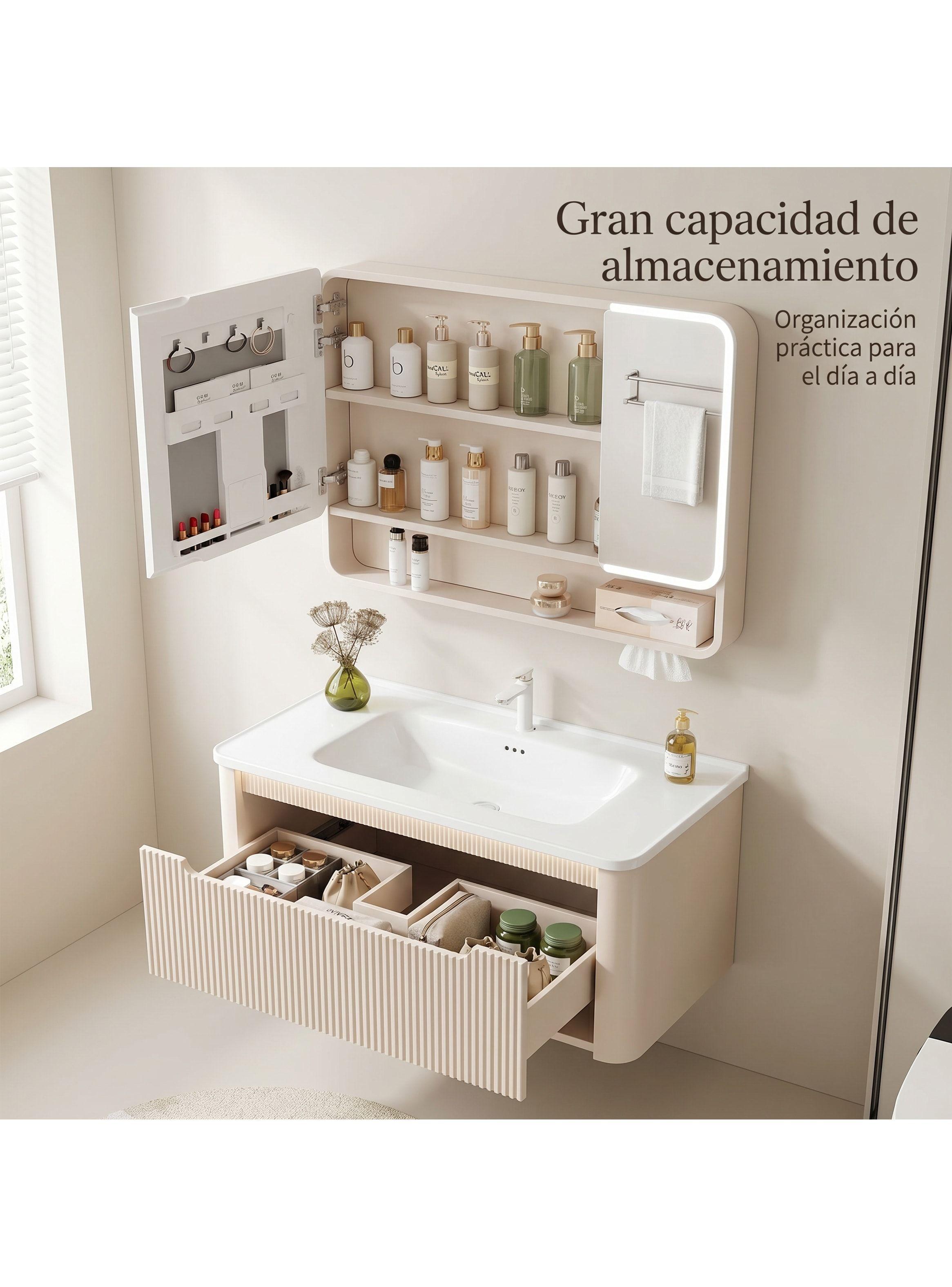 Vanitorio Luz Con Sensor + Botiquín Espejo Inteligente 80cm Beige Un Agujero-2