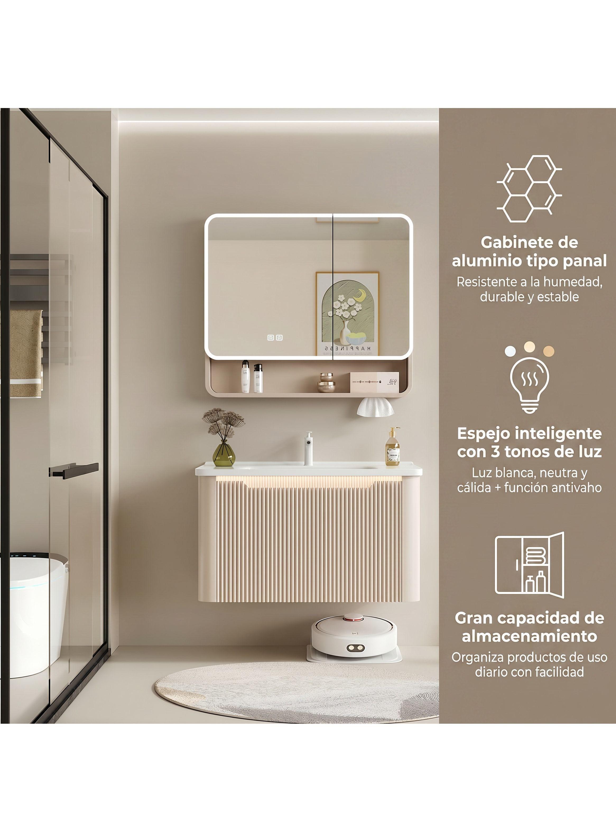 Vanitorio Luz Con Sensor + Botiquín Espejo Inteligente 80cm Beige Un Agujero-3