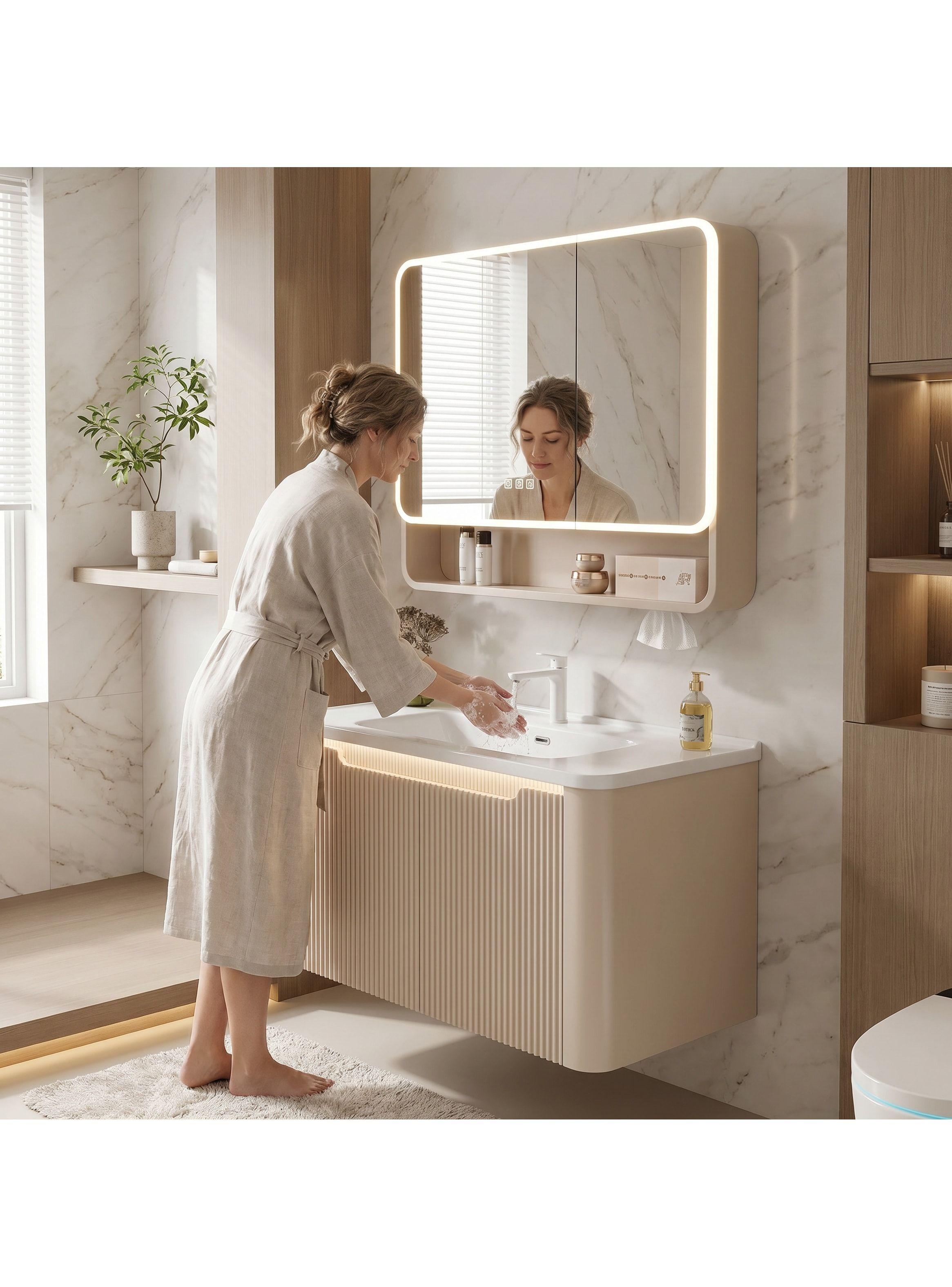 Vanitorio Luz Con Sensor + Botiquín Espejo Inteligente 80cm Beige Un Agujero-6