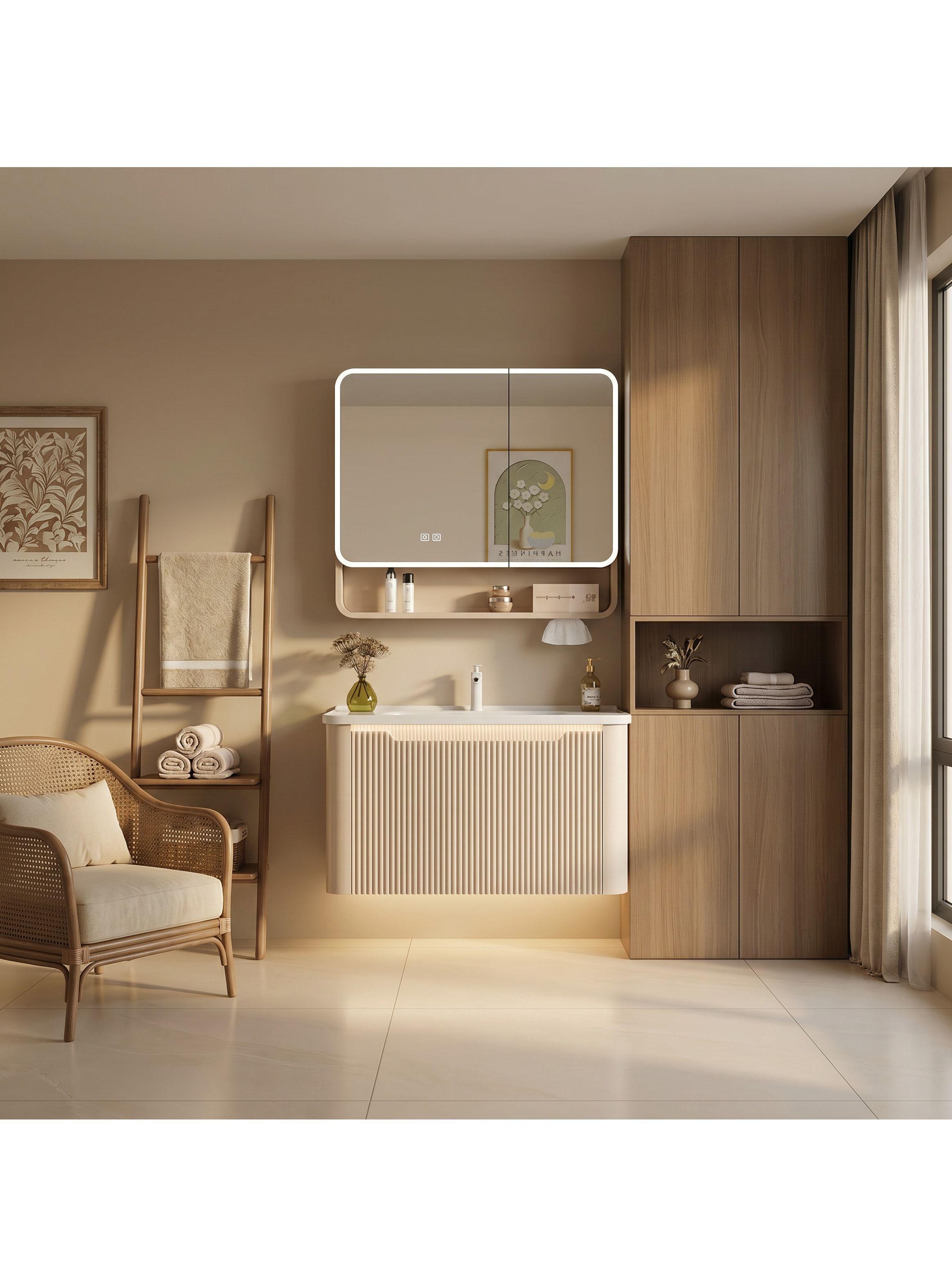 Vanitorio Luz Con Sensor + Botiquín Espejo Inteligente 80cm Beige Un Agujero-7