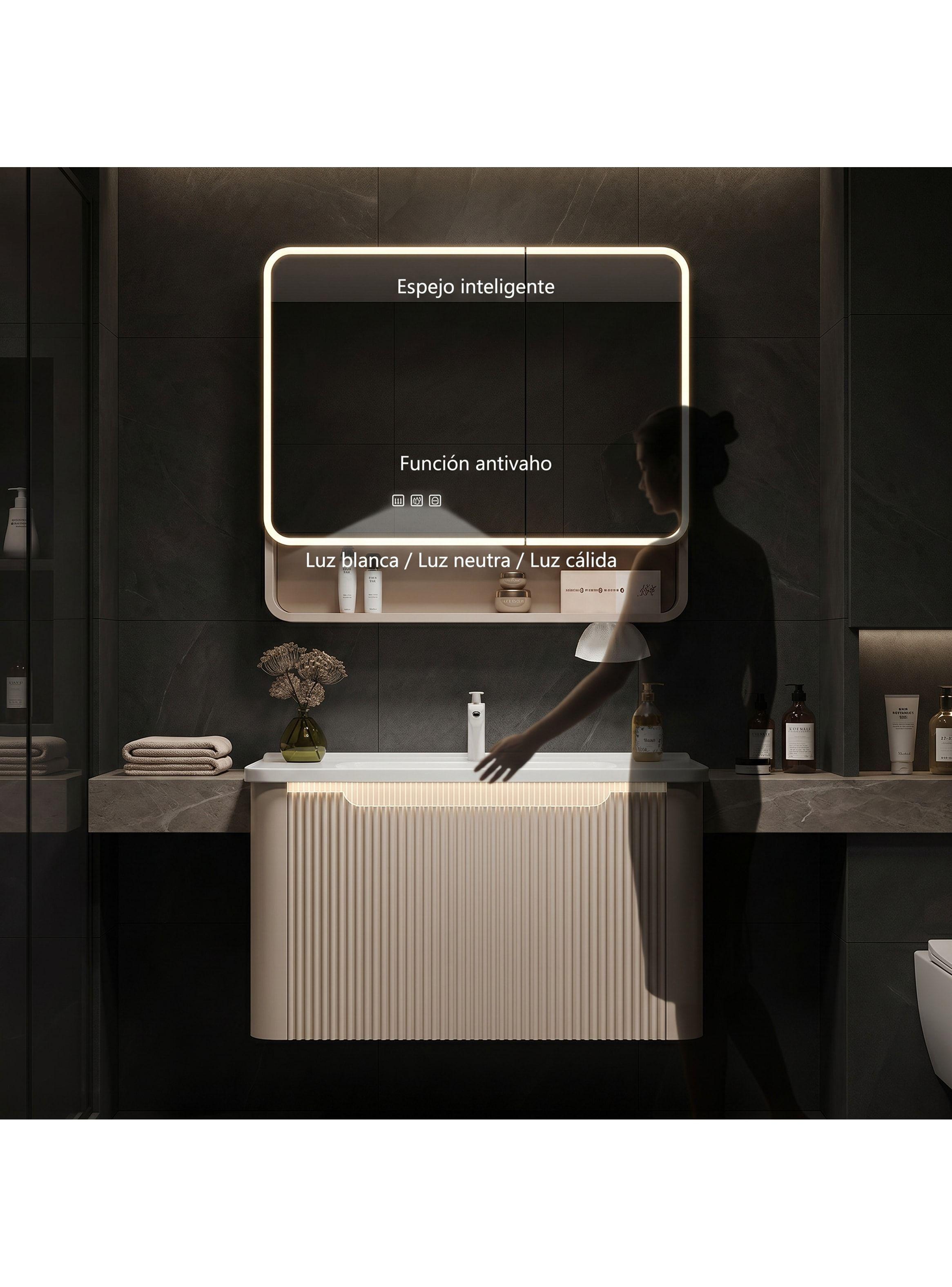 Vanitorio Luz Con Sensor + Botiquín Espejo Inteligente 80cm Beige Un Agujero-8