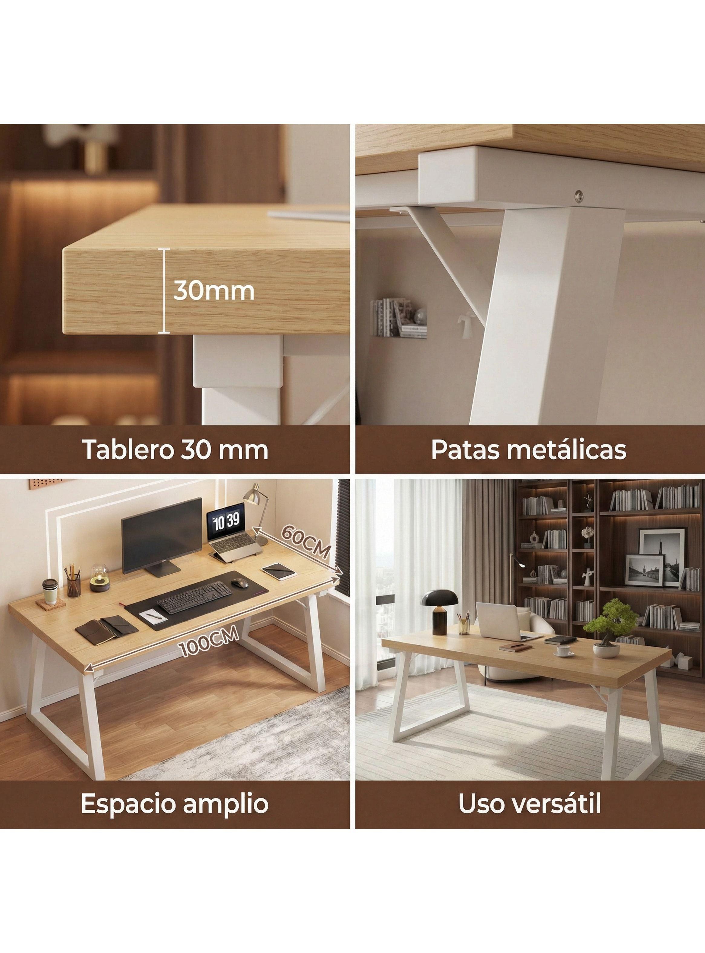 Homer Design Escritorio Pata Metal Oficina 100x60x75cm Gruesa 30mm Color Marrón Claro-3