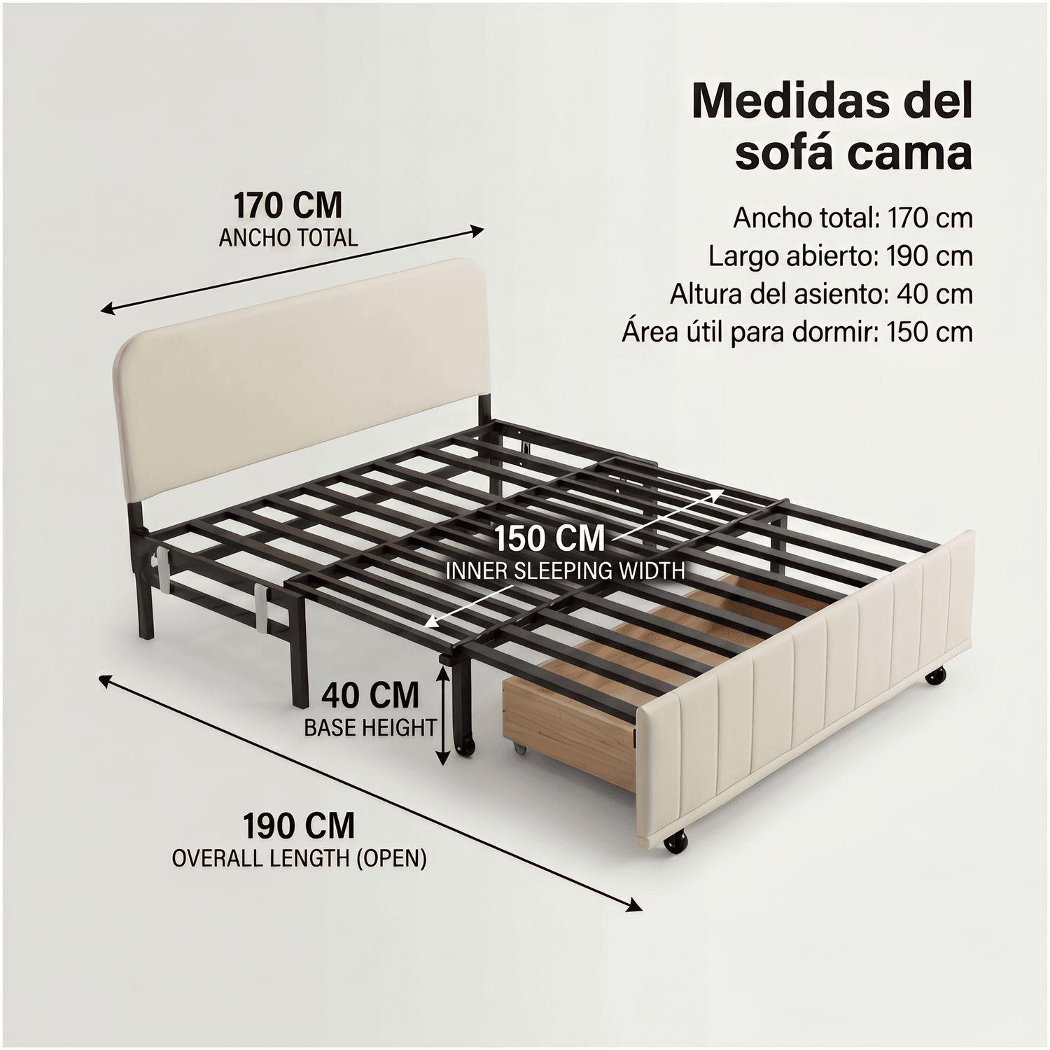 Sofa Cama 170cm tela tecnica Base De Fierro con Almacenamiento NEGRO-2