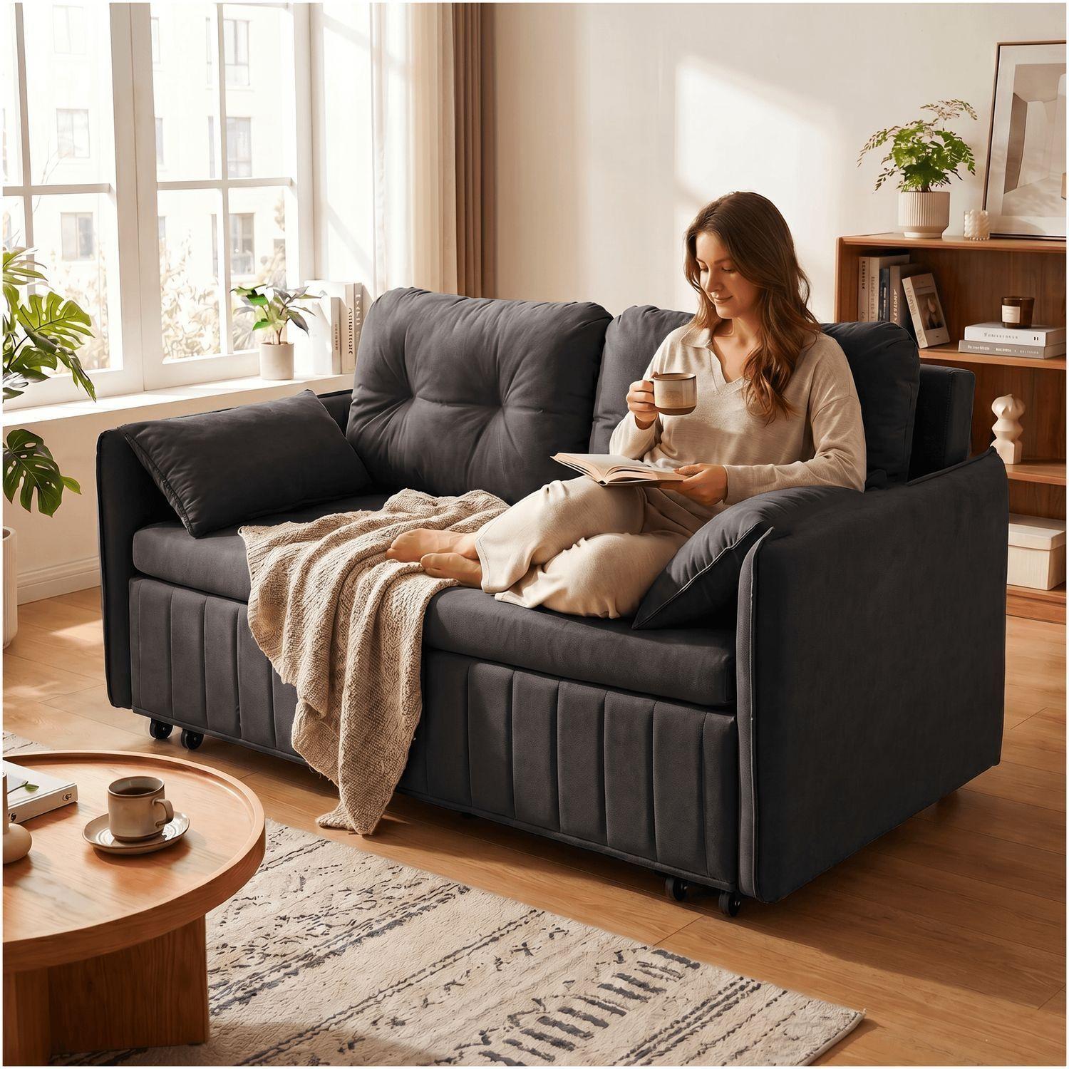 Sofa Cama 170cm tela tecnica Base De Fierro con Almacenamiento NEGRO-7