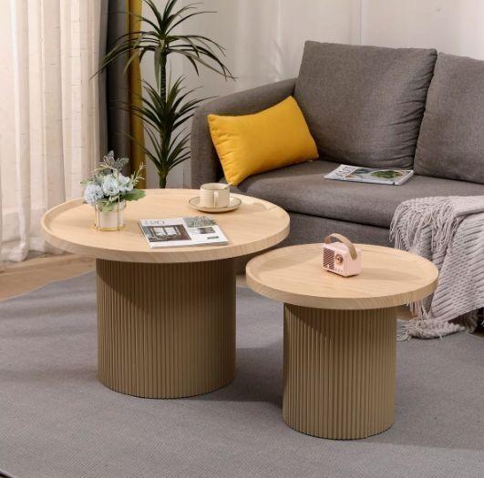 Juego Mesa De Centro Lateral Living Redonda Doble Melamina Color Marrón claro-2