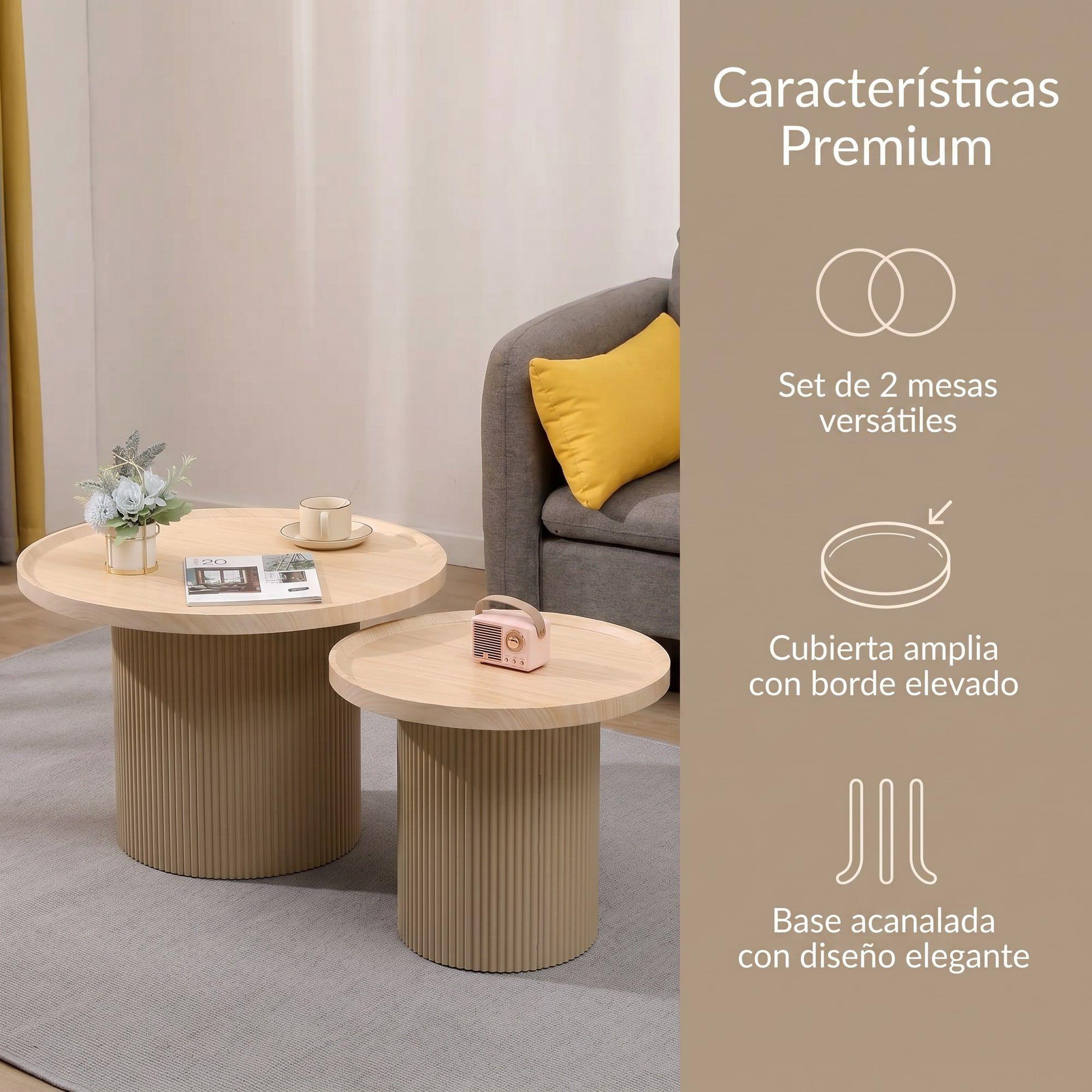 Juego Mesa De Centro Lateral Living Redonda Doble Melamina Color Marrón claro-1