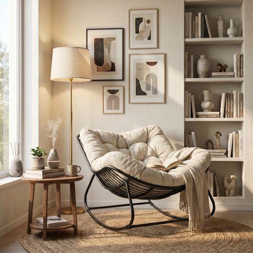 Sillon Mecedor Silla Mecedora Sitial Moderna Talla Xxl Beige Liso-4