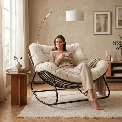 Sillon Mecedor Silla Mecedora Sitial Moderna Talla Xxl Beige Liso-6