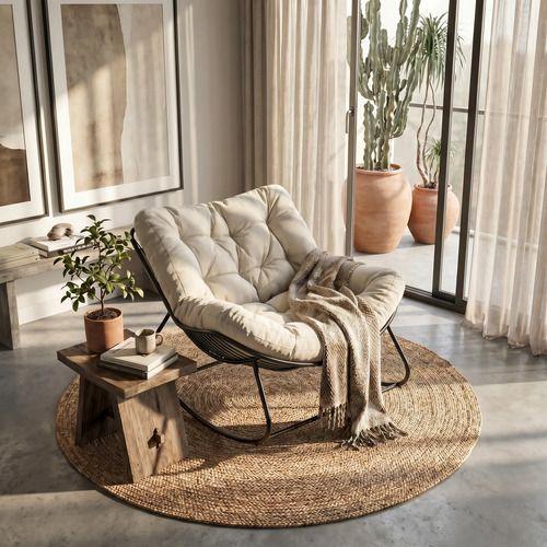 Sillon Mecedor Silla Mecedora Sitial Moderna Talla Xxl Beige Liso-7