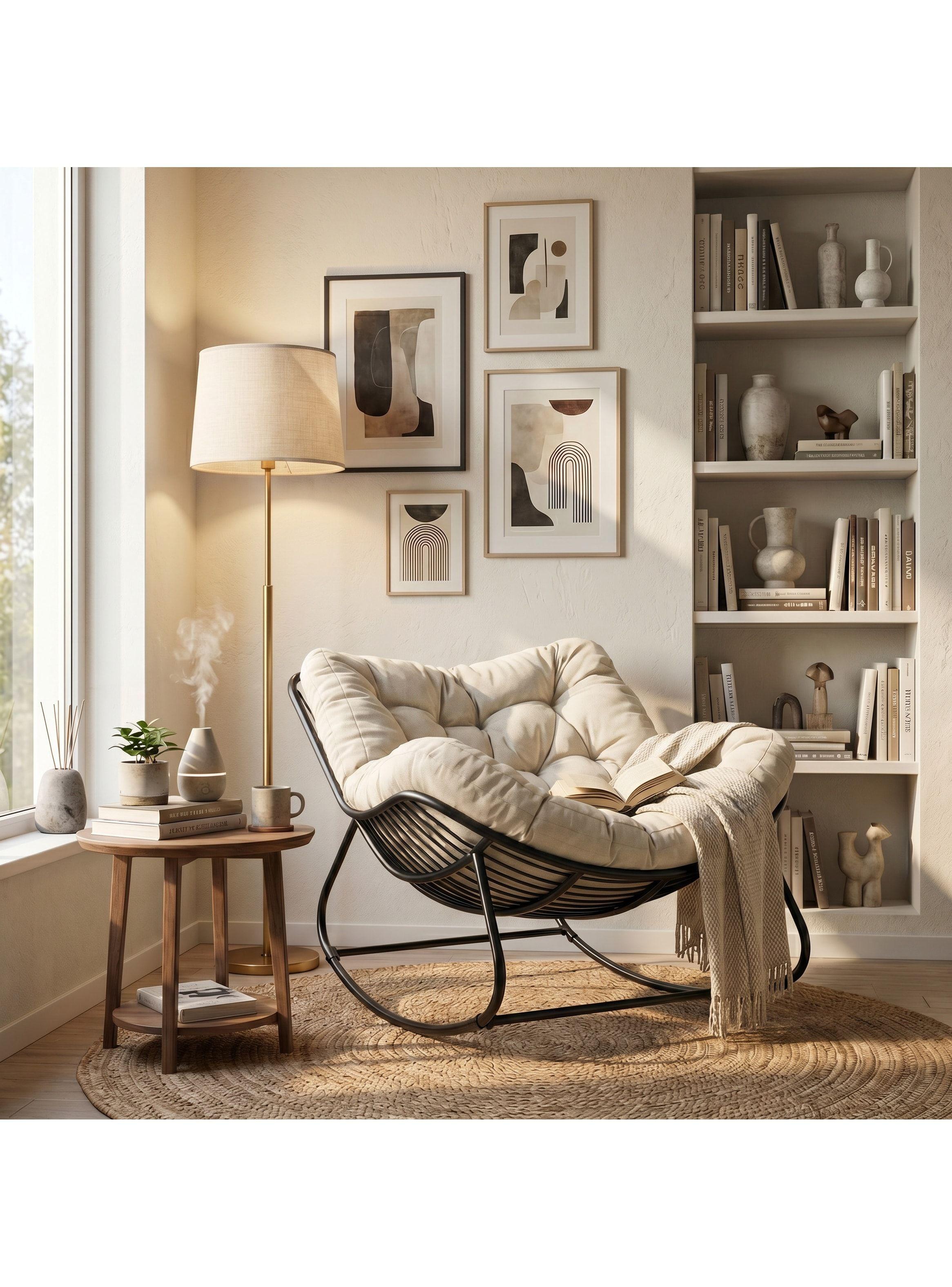 Sillon Mecedor Silla Mecedora Sitial Moderna Talla Xxl Beige Liso-4