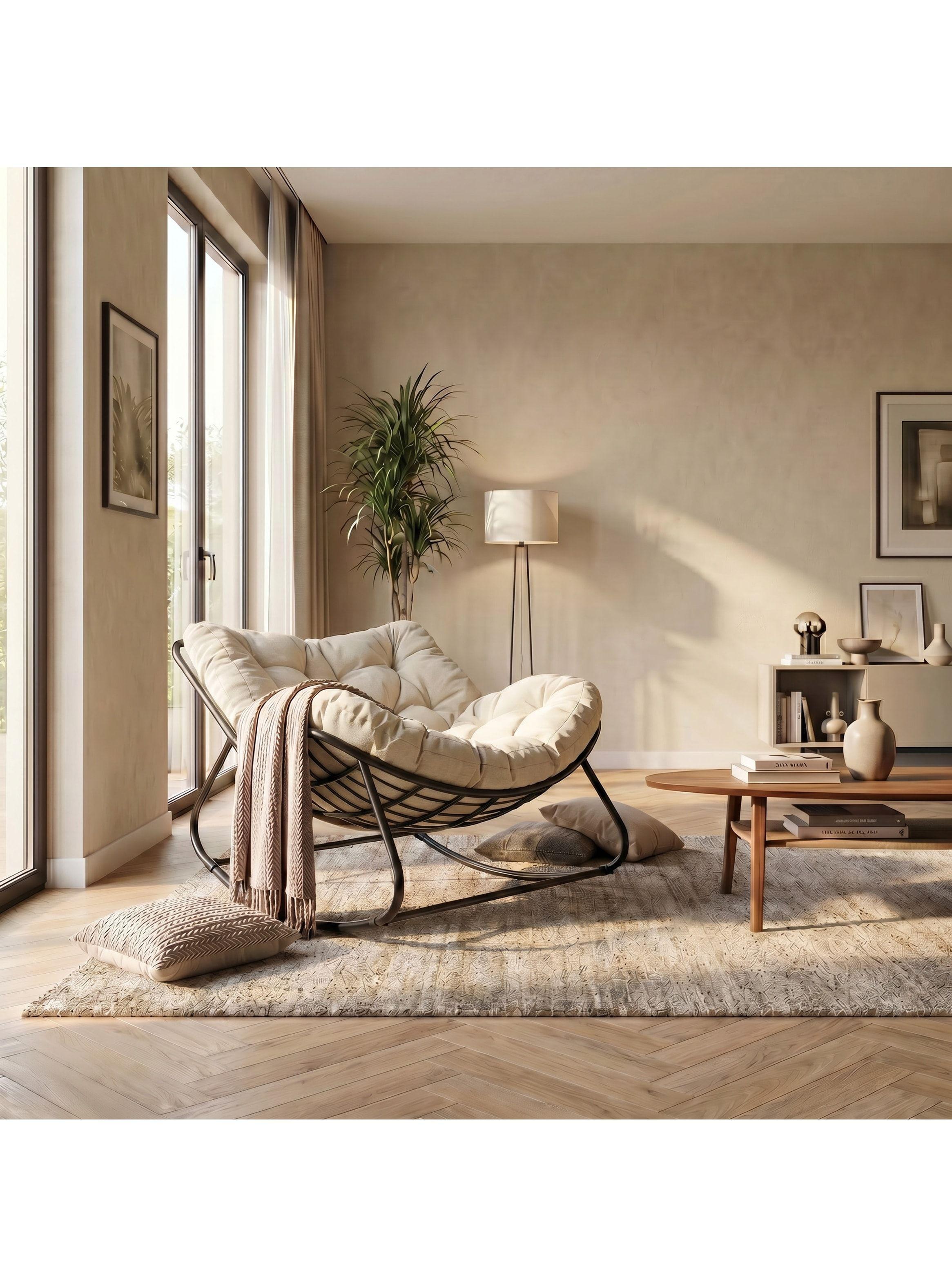 Sillon Mecedor Silla Mecedora Sitial Moderna Talla Xxl Beige Liso-5