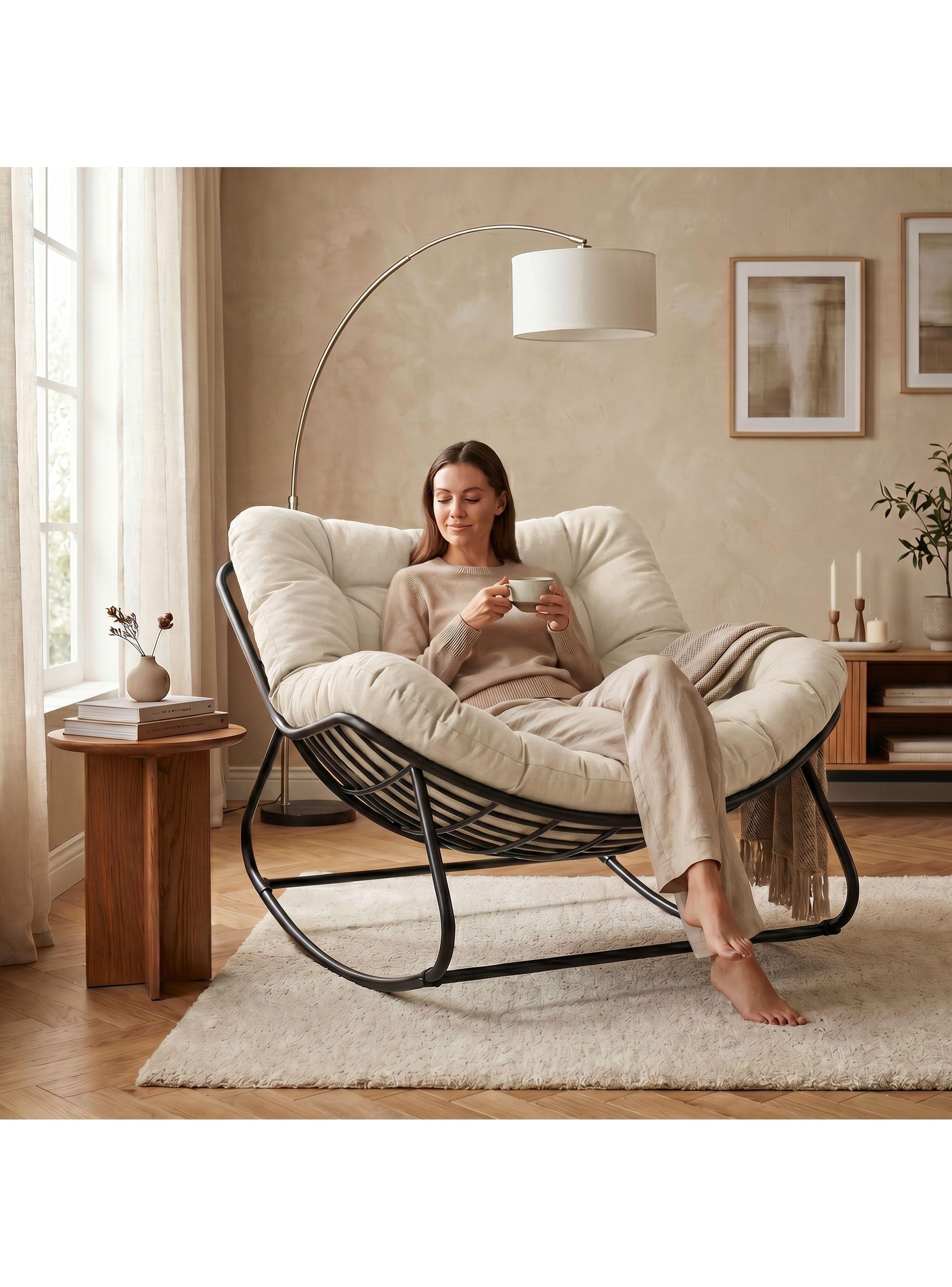 Sillon Mecedor Silla Mecedora Sitial Moderna Talla Xxl Beige Liso-6