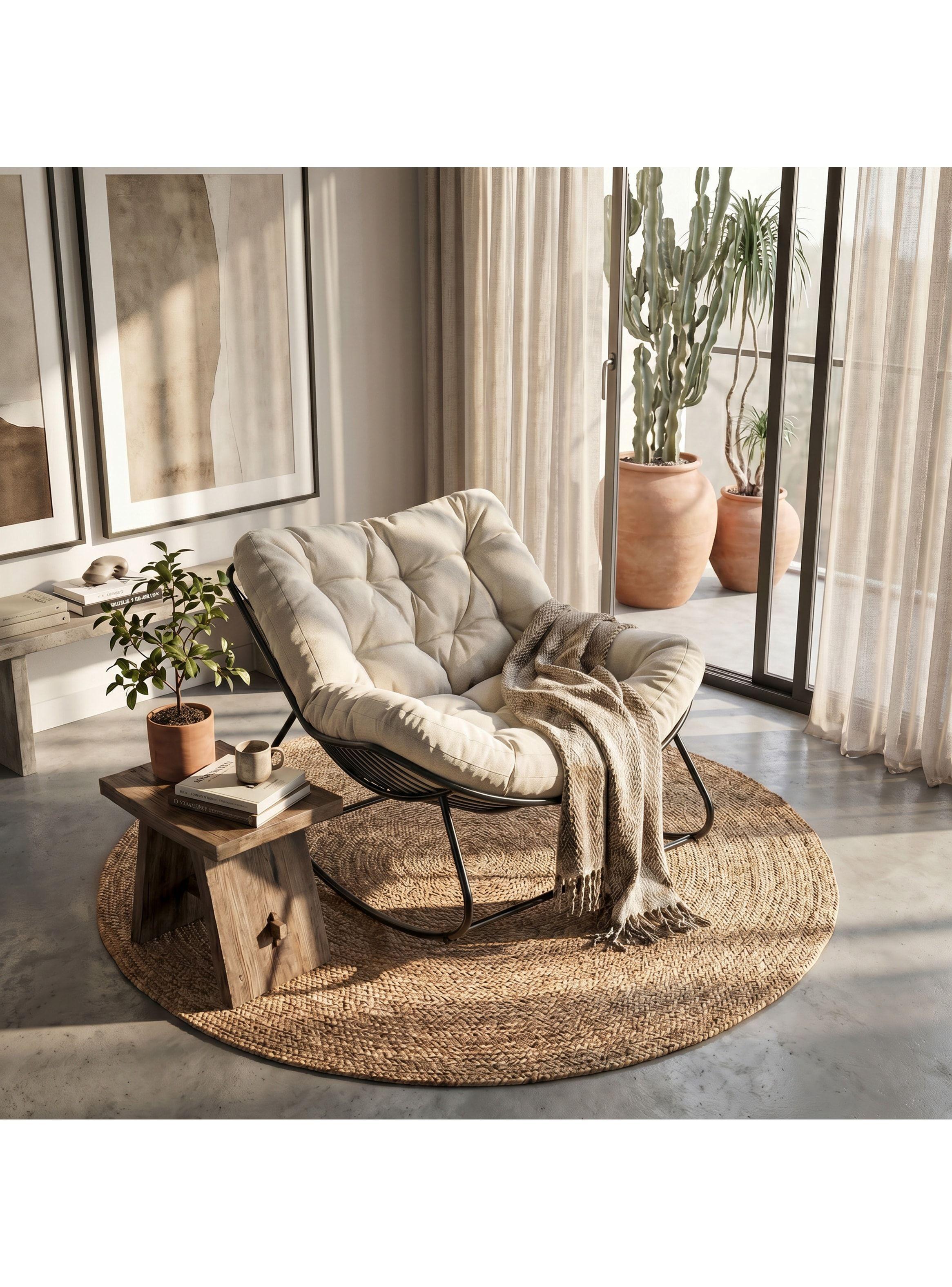 Sillon Mecedor Silla Mecedora Sitial Moderna Talla Xxl Beige Liso-7