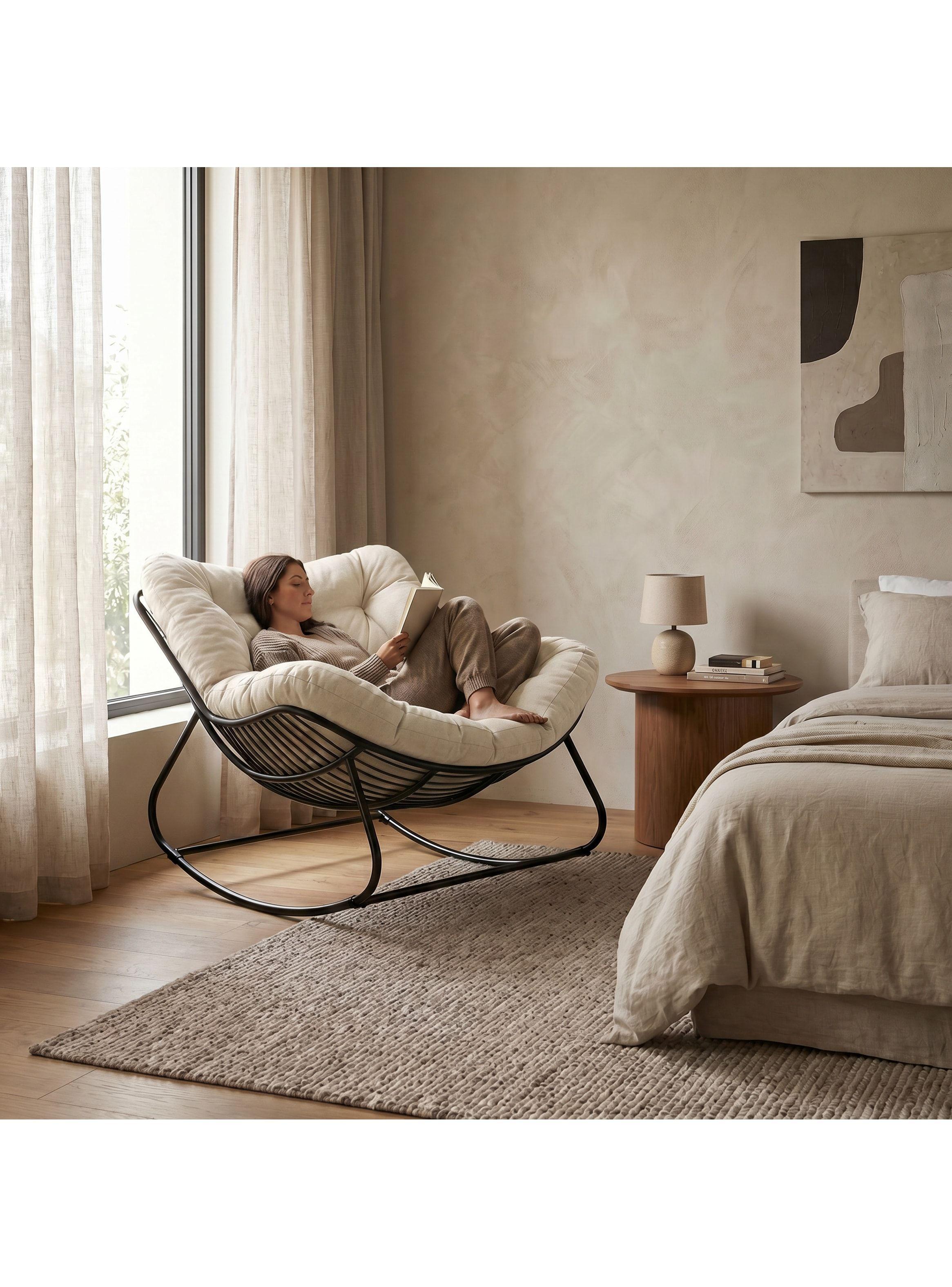 Sillon Mecedor Silla Mecedora Sitial Moderna Talla Xxl Beige Liso-8