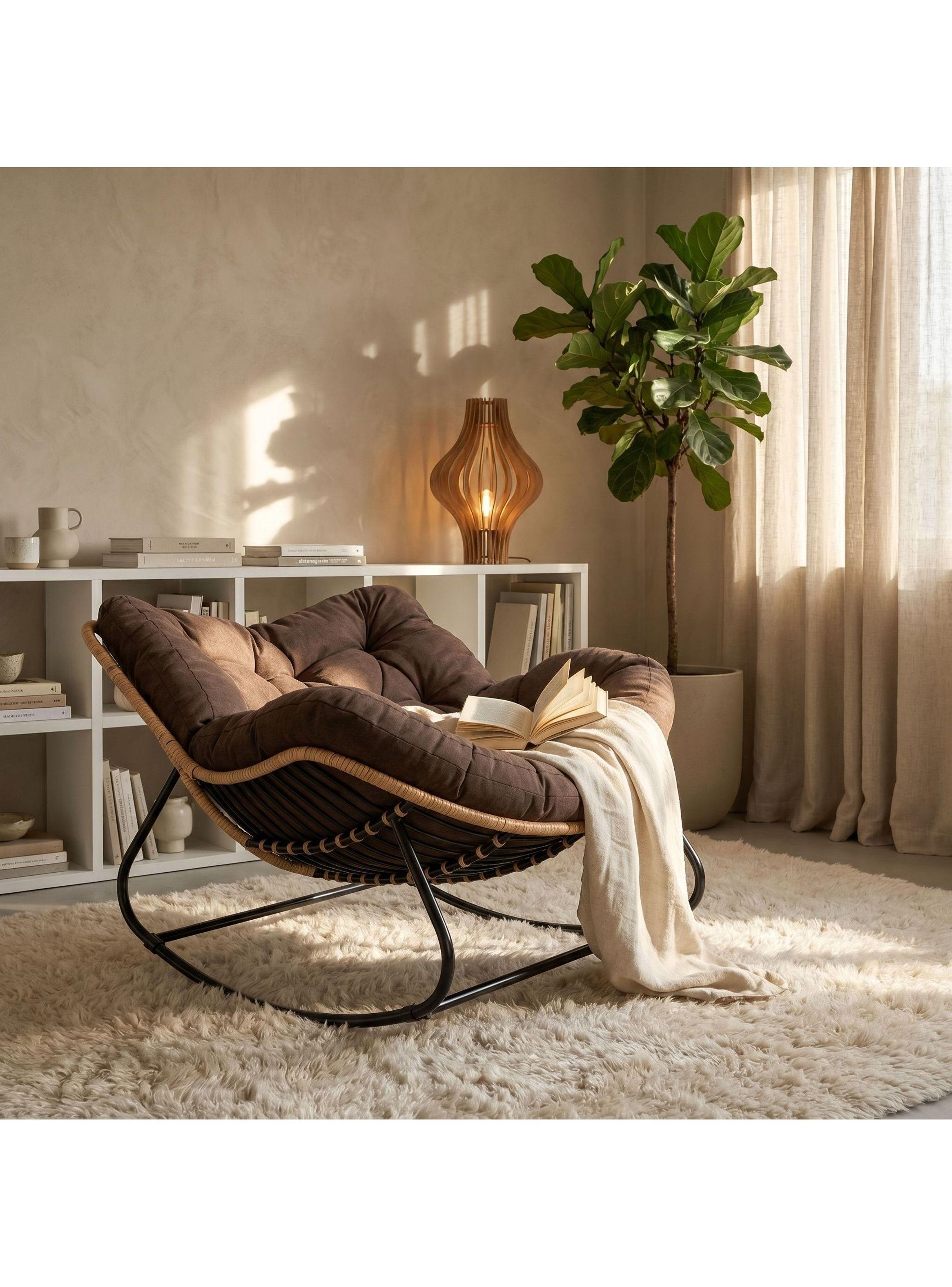 Sillon Mecedor Silla Mecedora Sitial Moderna Talla Xl Marrón Liso-8