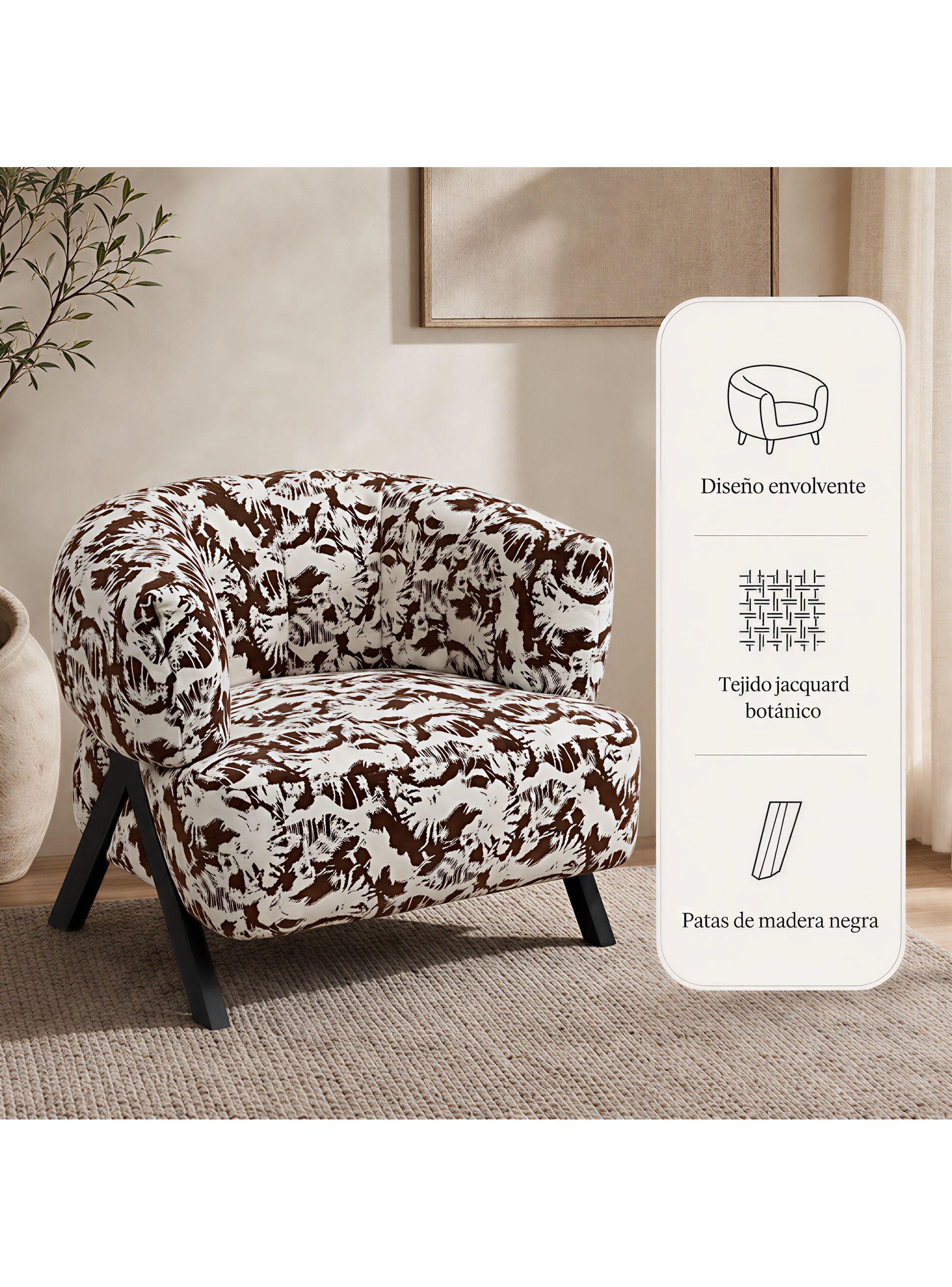 Sillón Amelie Individual Jacquard Botánico Patas De Madera Marrón Floreado-1