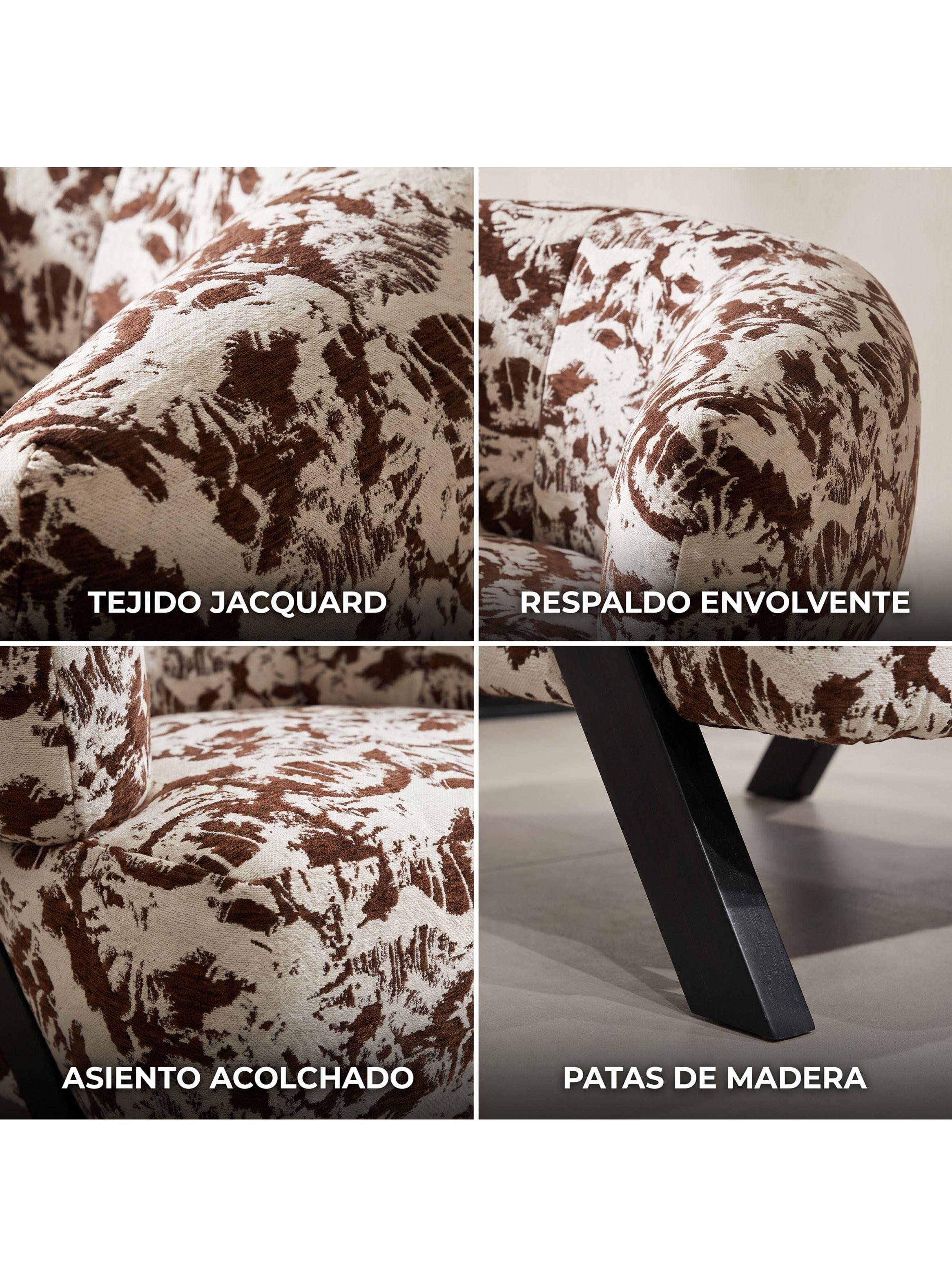 Sillón Amelie Individual Jacquard Botánico Patas De Madera Marrón Floreado-3