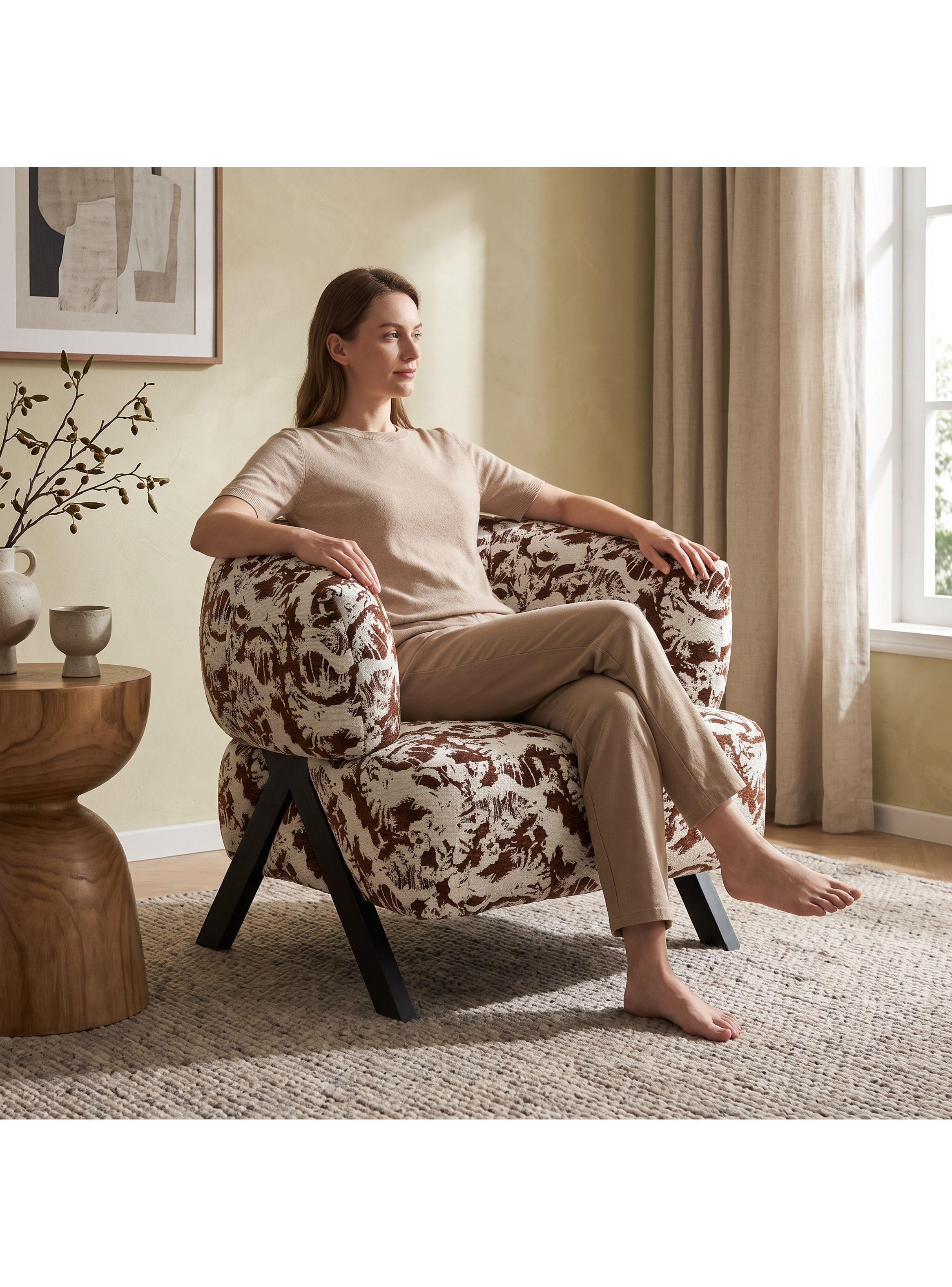 Sillón Amelie Individual Jacquard Botánico Patas De Madera Marrón Floreado-5