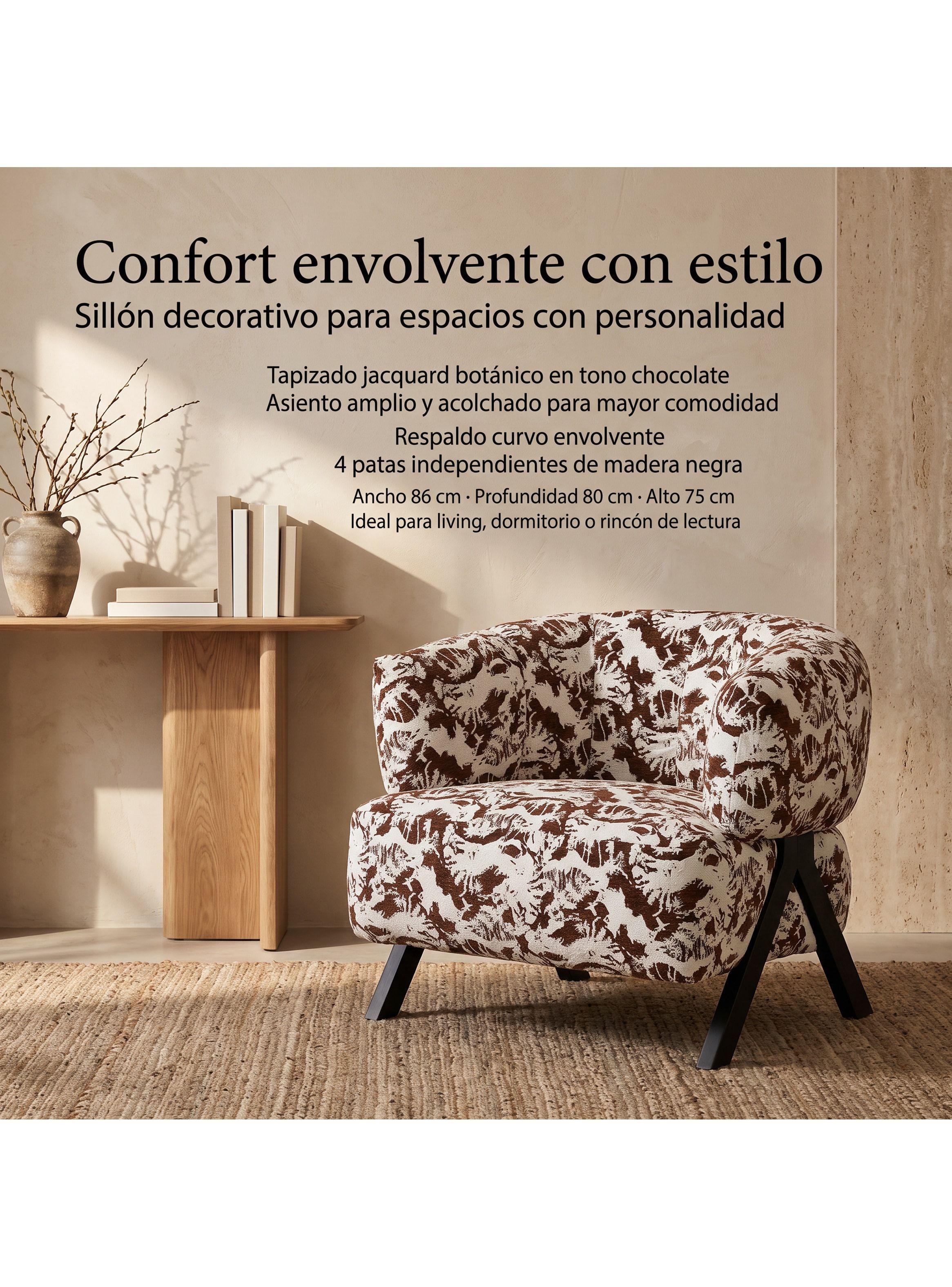 Sillón Amelie Individual Jacquard Botánico Patas De Madera Marrón Floreado-7