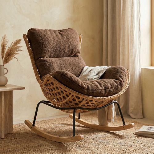 Sillon Mecedor Silla Mecedora Sitial Moderna Base Rattan Xl Marrón-0