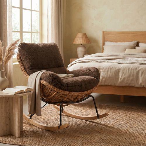 Sillon Mecedor Silla Mecedora Sitial Moderna Base Rattan Xl Marrón-4