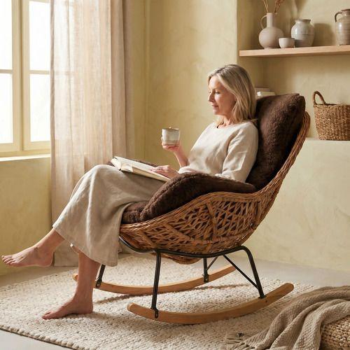 Sillon Mecedor Silla Mecedora Sitial Moderna Base Rattan Xl Marrón-5