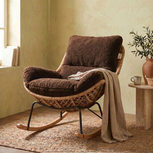 Sillon Mecedor Silla Mecedora Sitial Moderna Base Rattan Xl Marrón-6