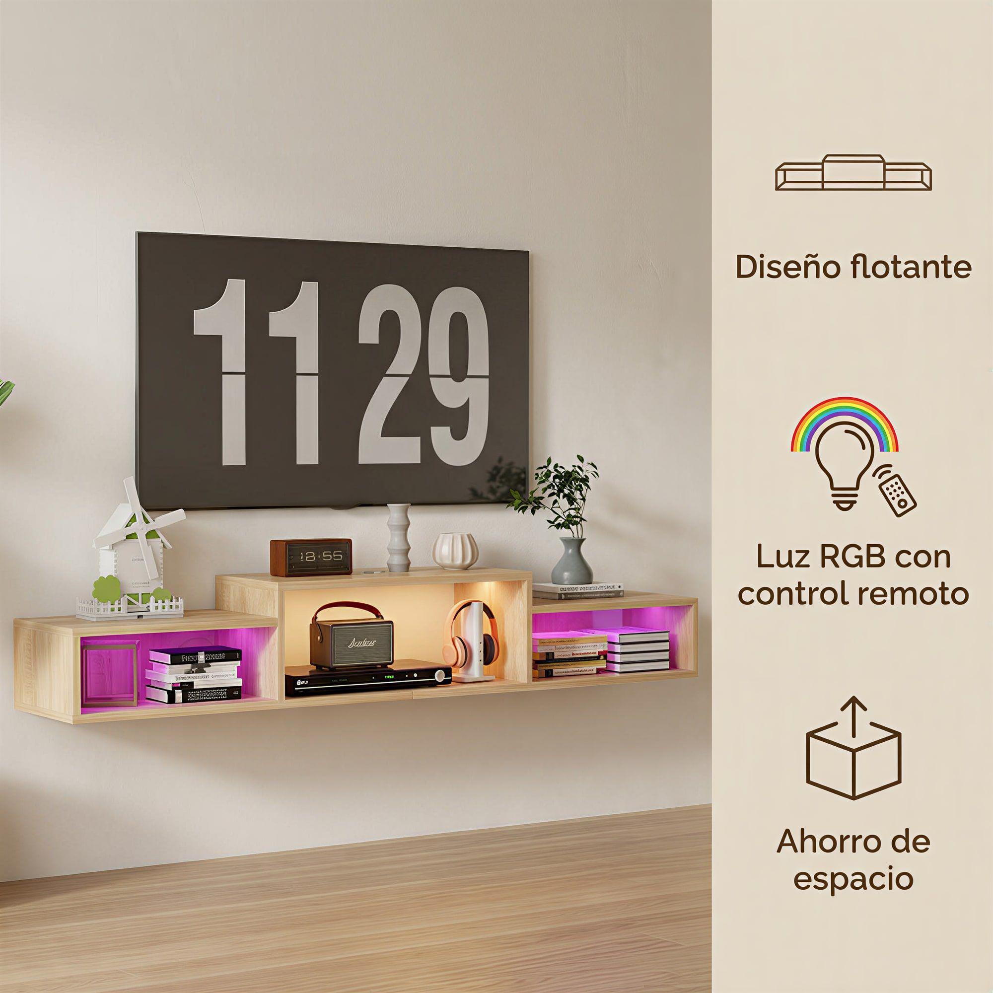 Rack Tv Flotante 150x28x16cm Con Luz Variable Y Enchufe Negro-2