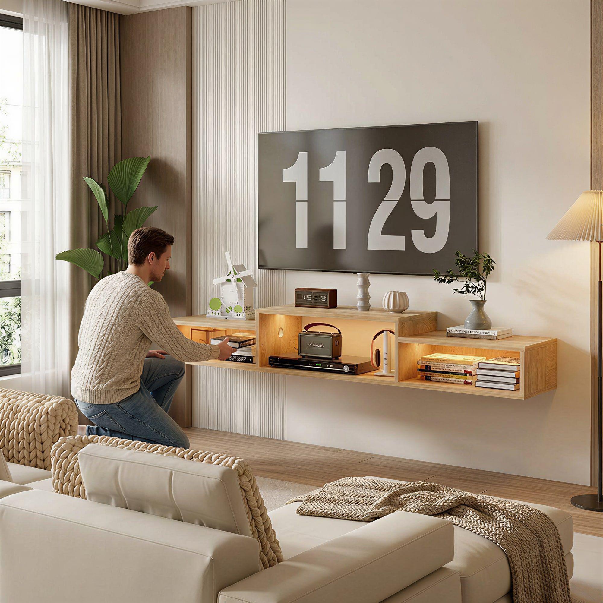 Rack Tv Flotante 150x28x16cm Con Luz Variable Y Enchufe Negro-3