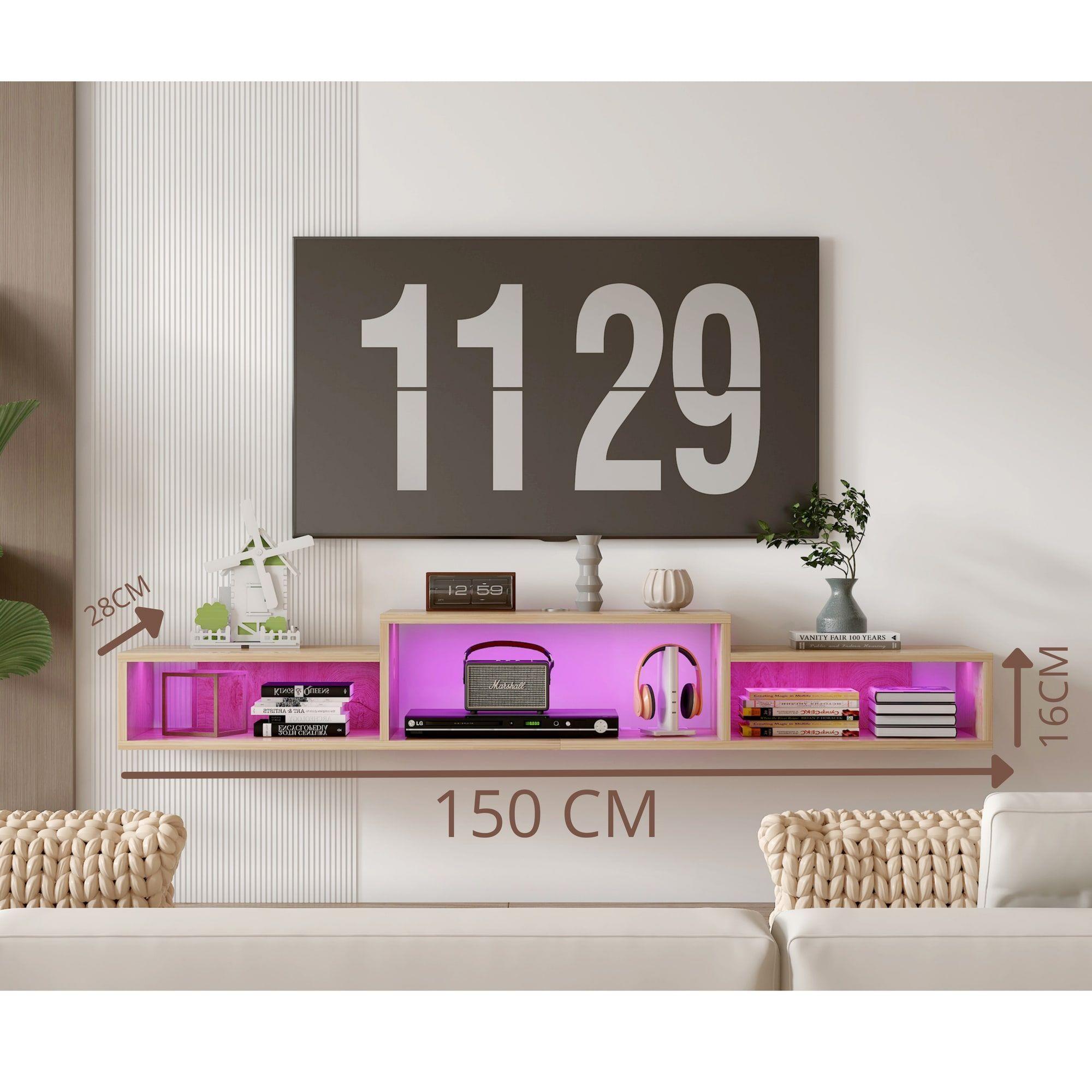 Rack Tv Flotante 150x28x16cm Con Luz Variable Y Enchufe Negro-5