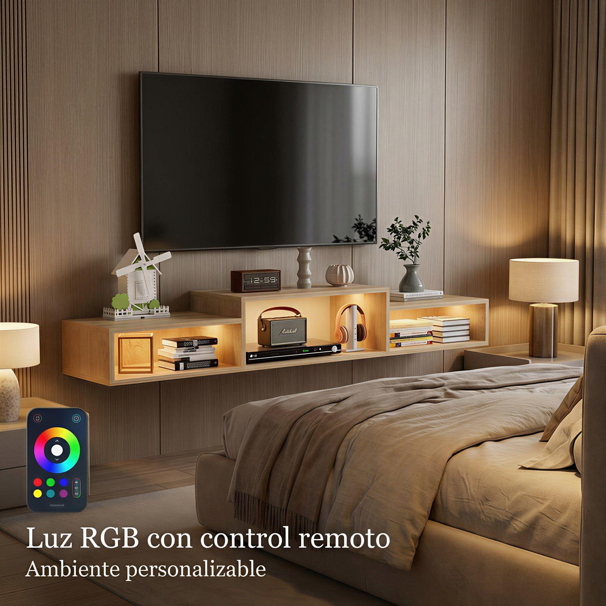 Rack Tv Flotante 150x28x16cm Con Luz Variable Y Enchufe Negro-7