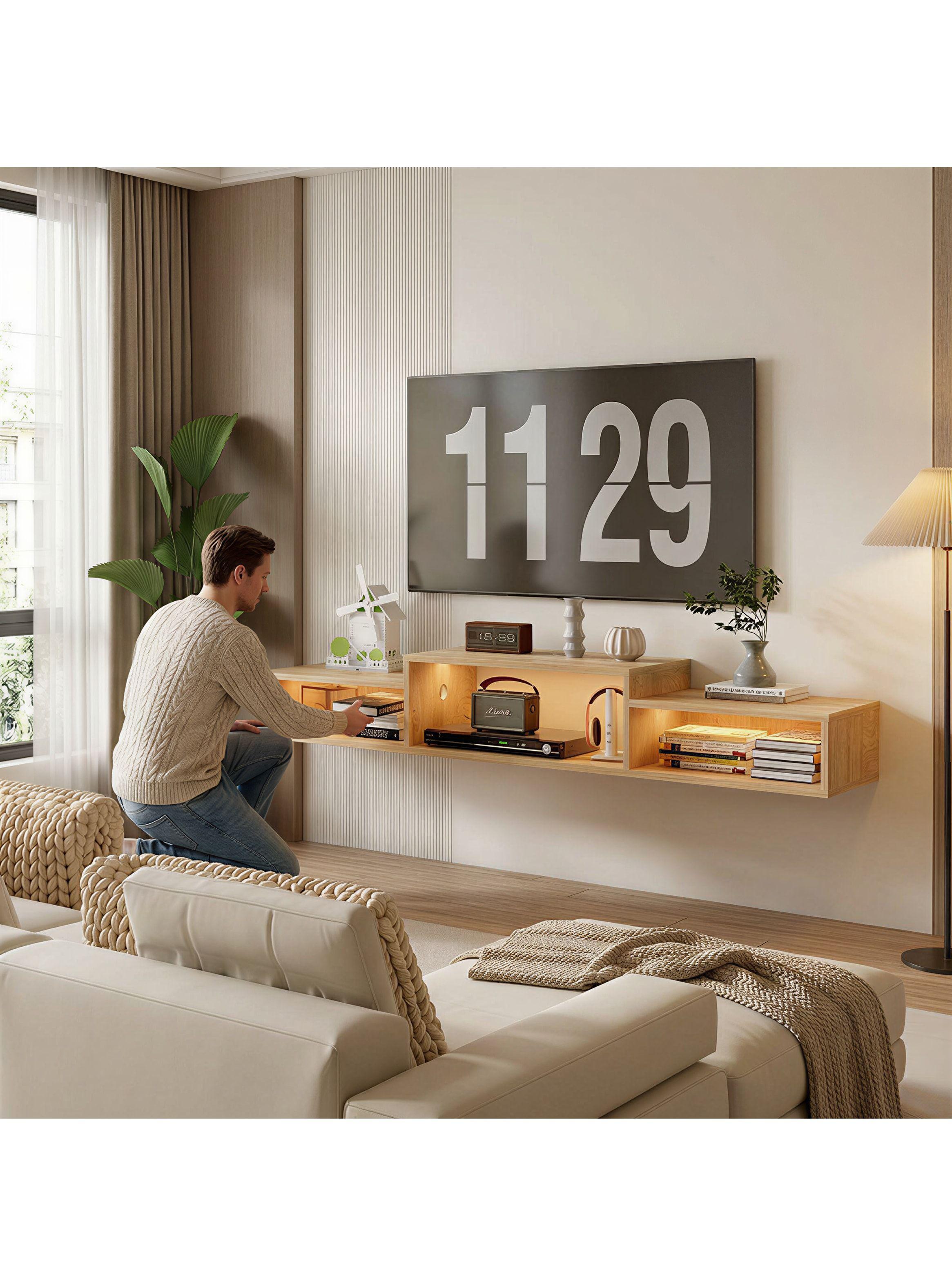 Rack Tv Flotante 150x28x16cm Con Luz Variable Y Enchufe Negro-3