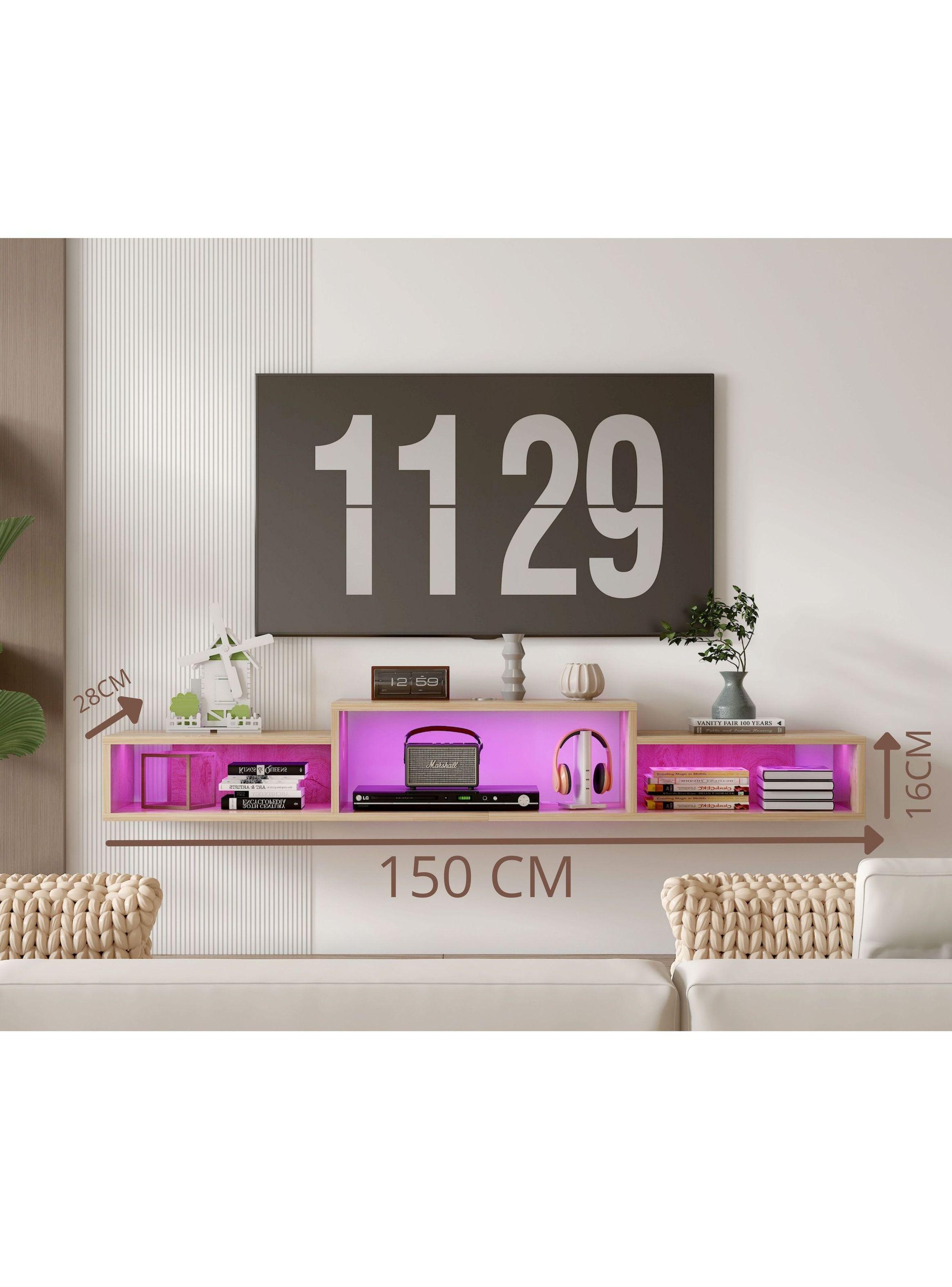 Rack Tv Flotante 150x28x16cm Con Luz Variable Y Enchufe Negro-5