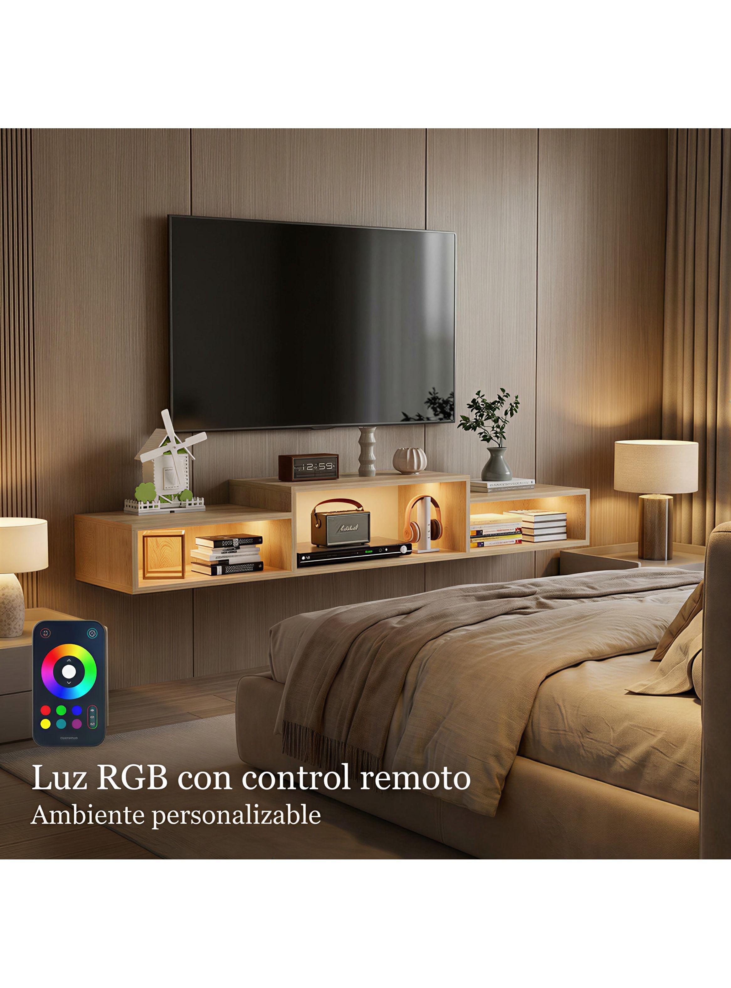Rack Tv Flotante 150x28x16cm Con Luz Variable Y Enchufe Negro-7