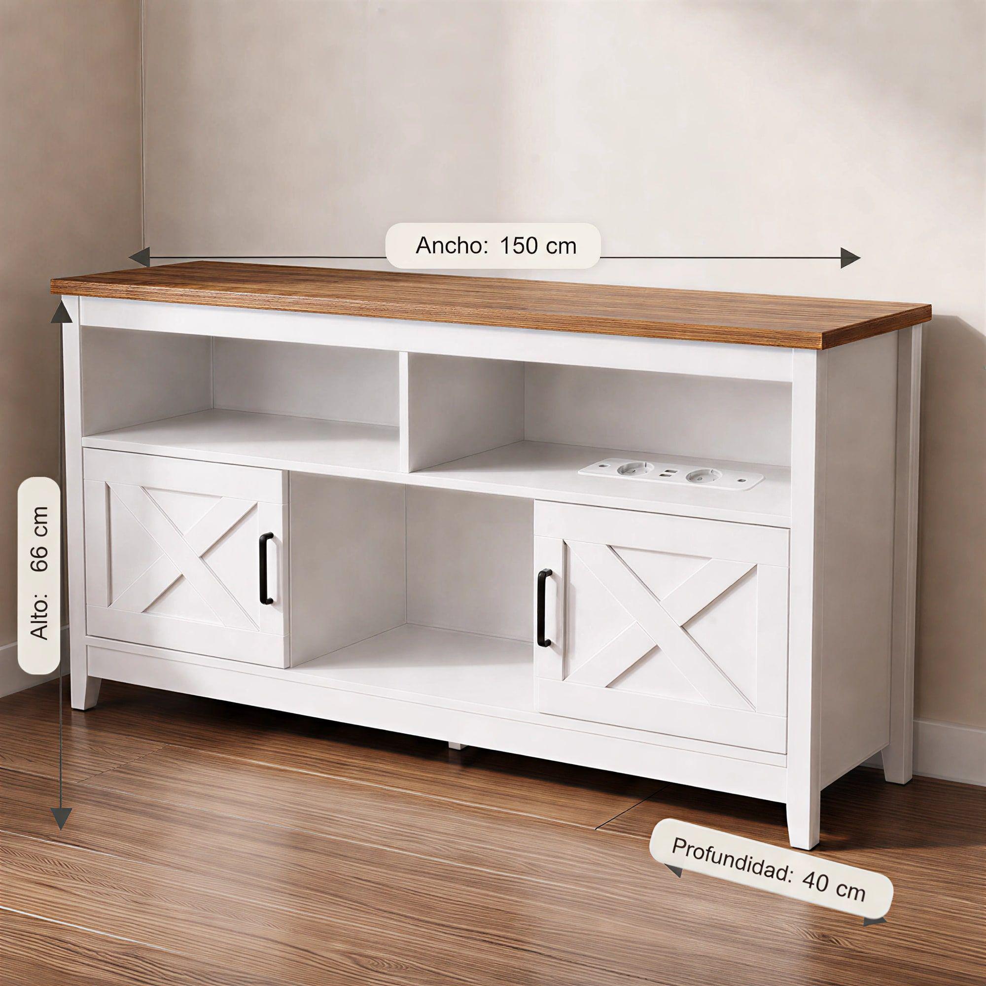 Rack Tv 150x40x66cm 2 Puerta Con Enchufe Estilo Europeo Color Blanco Con Marron Blanco/marrón-2