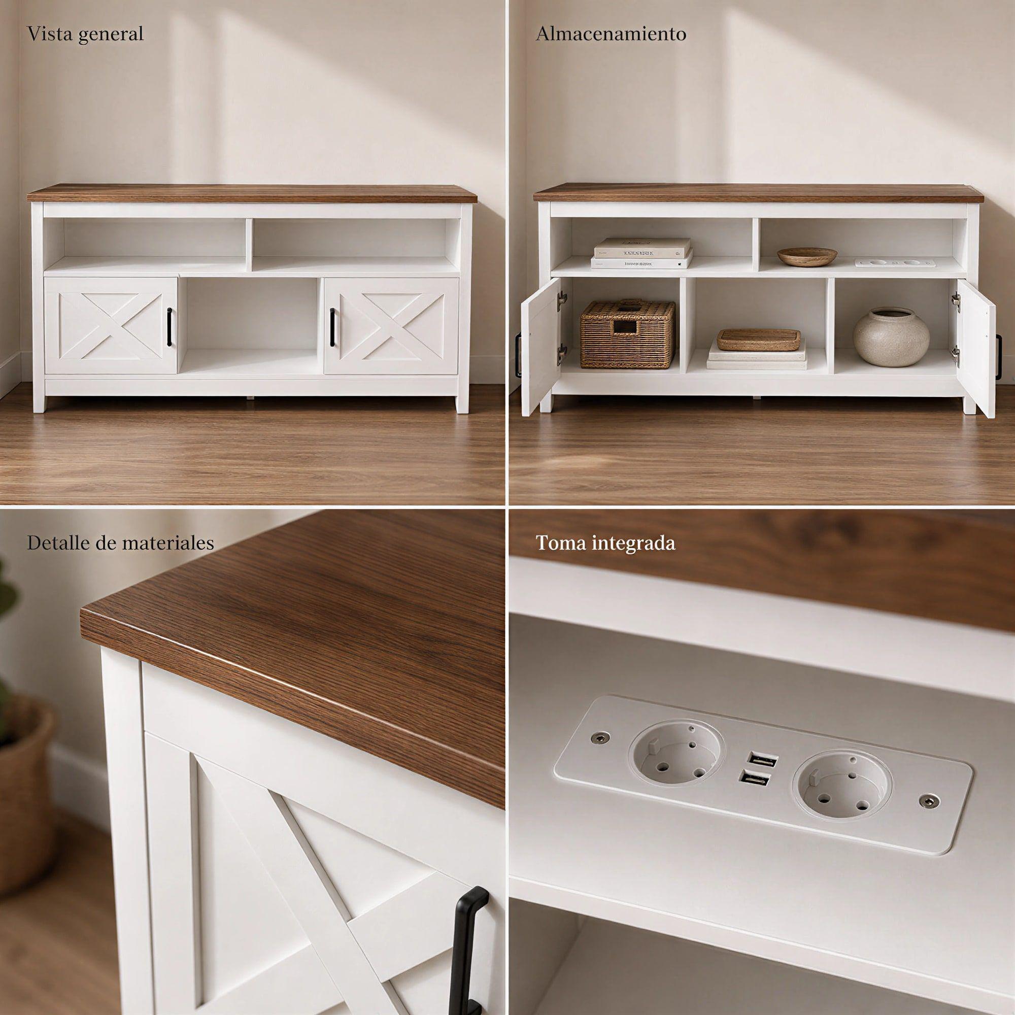 Rack Tv 150x40x66cm 2 Puerta Con Enchufe Estilo Europeo Color Blanco Con Marron Blanco/marrón-3