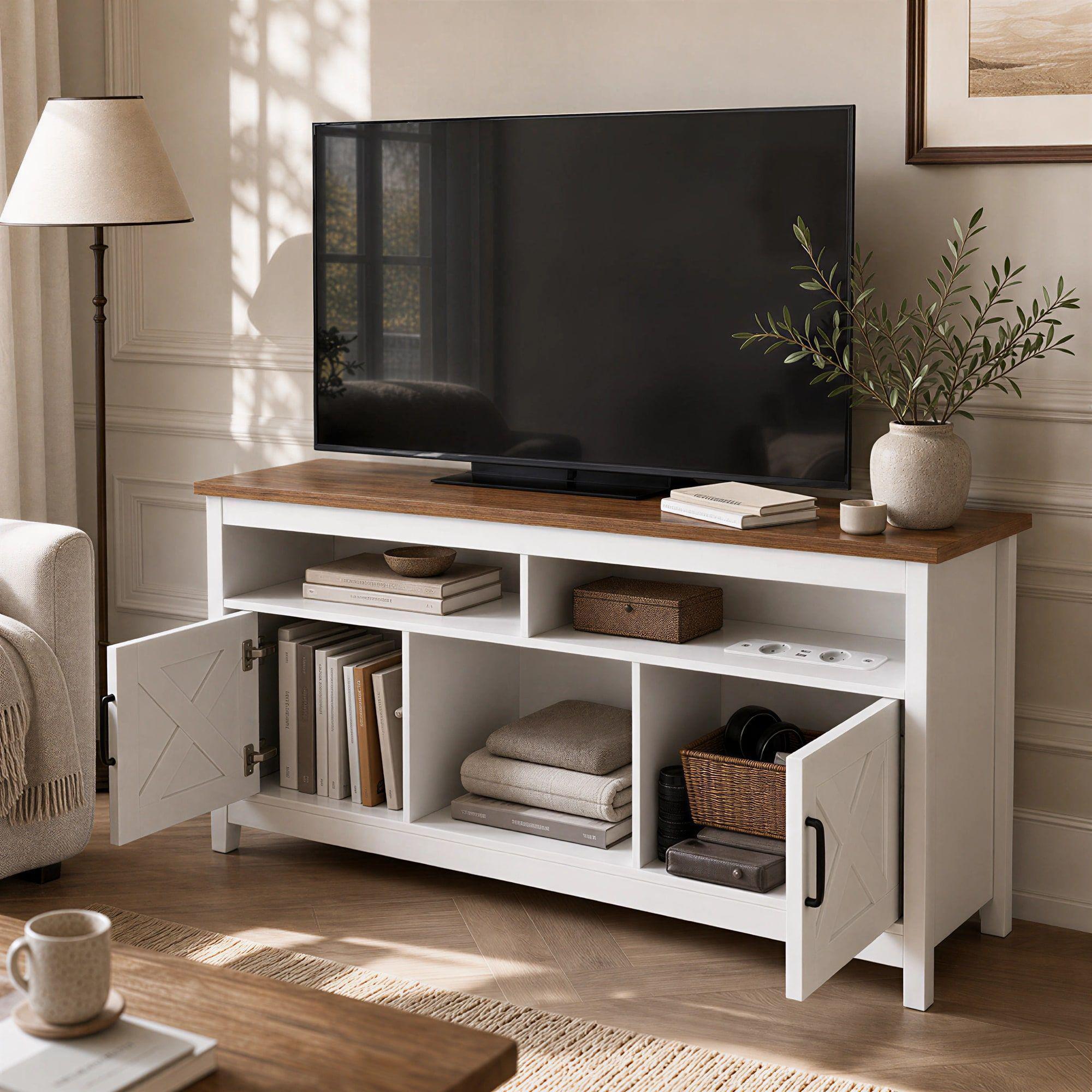 Rack Tv 150x40x66cm 2 Puerta Con Enchufe Estilo Europeo Color Blanco Con Marron Blanco/marrón-4