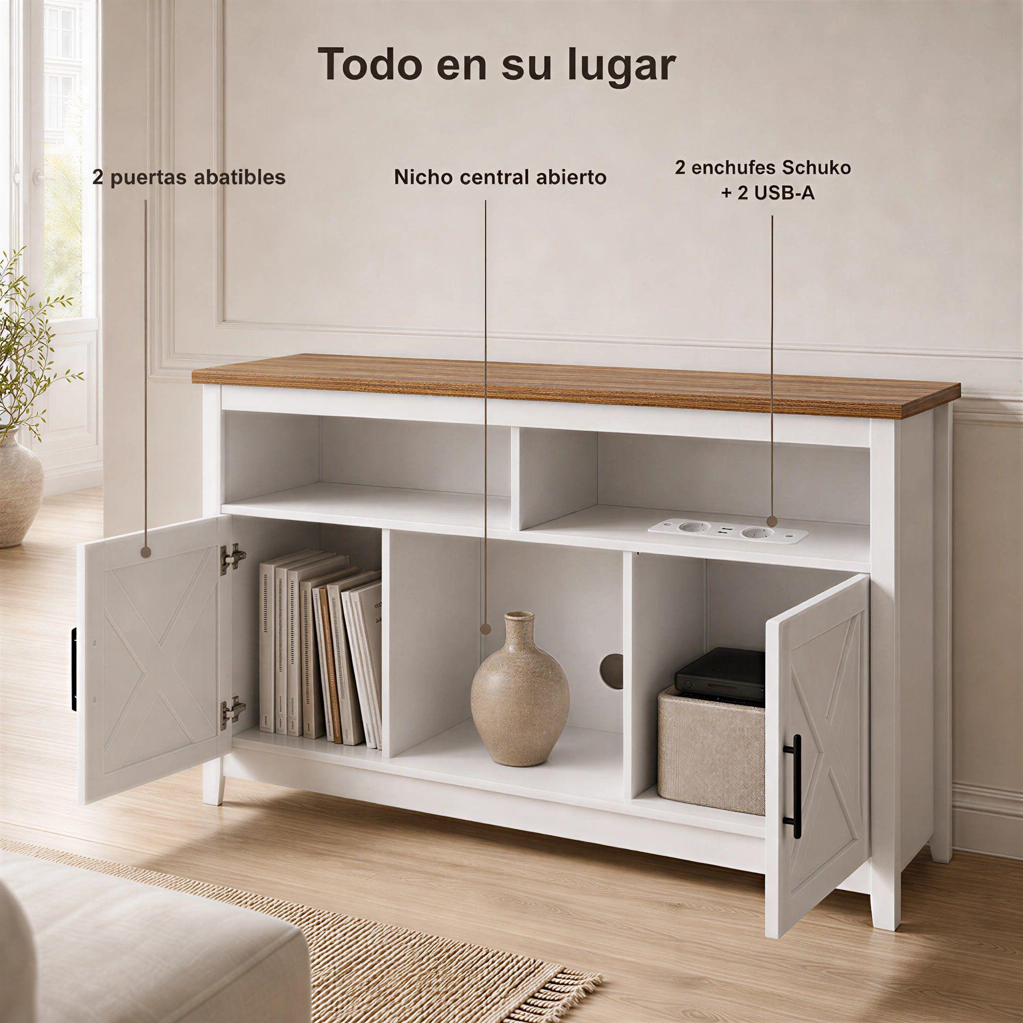 Rack Tv 150x40x66cm 2 Puerta Con Enchufe Estilo Europeo Color Blanco Con Marron Blanco/marrón-7
