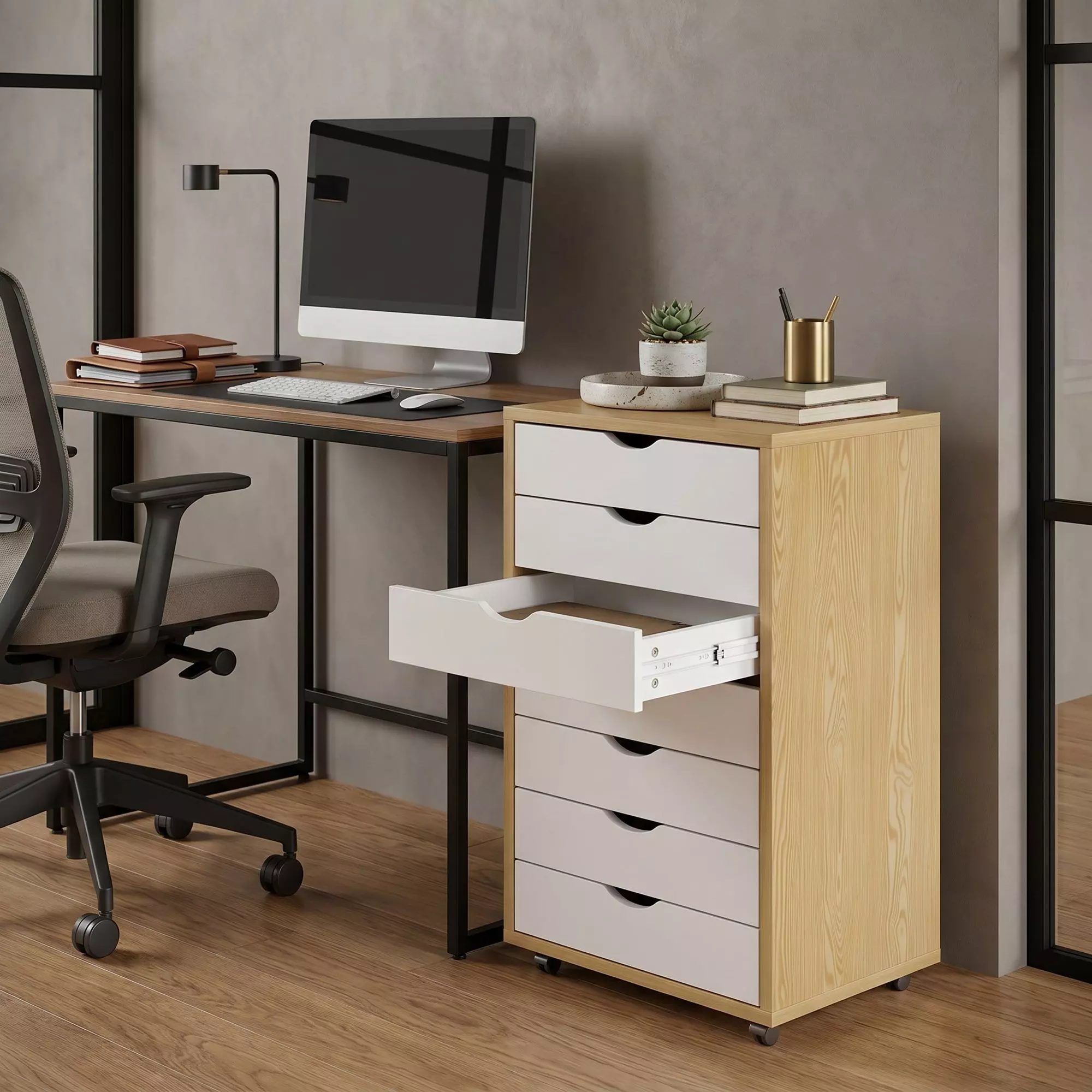 Mueble Para Oficina Cajonera 7 Tiras Archivador Con Rueda Color Marrón Claro-1