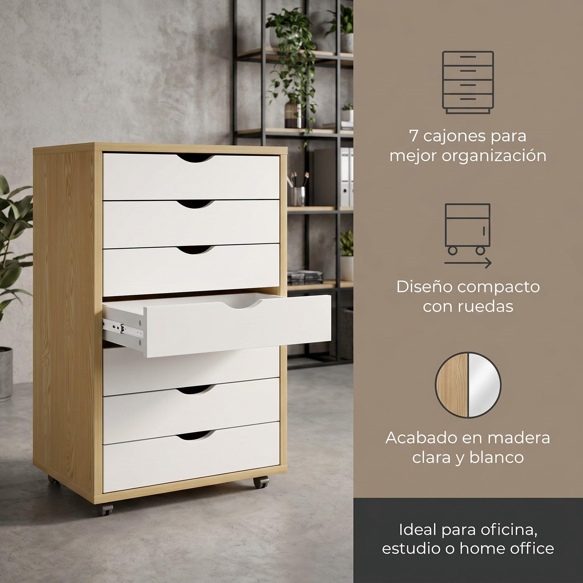 Mueble Para Oficina Cajonera 7 Tiras Archivador Con Rueda Color Marrón Claro-2