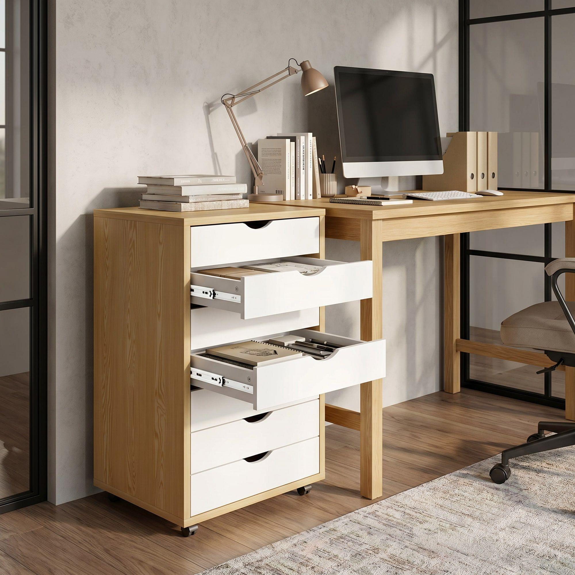 Mueble Para Oficina Cajonera 7 Tiras Archivador Con Rueda Color Marrón Claro-5