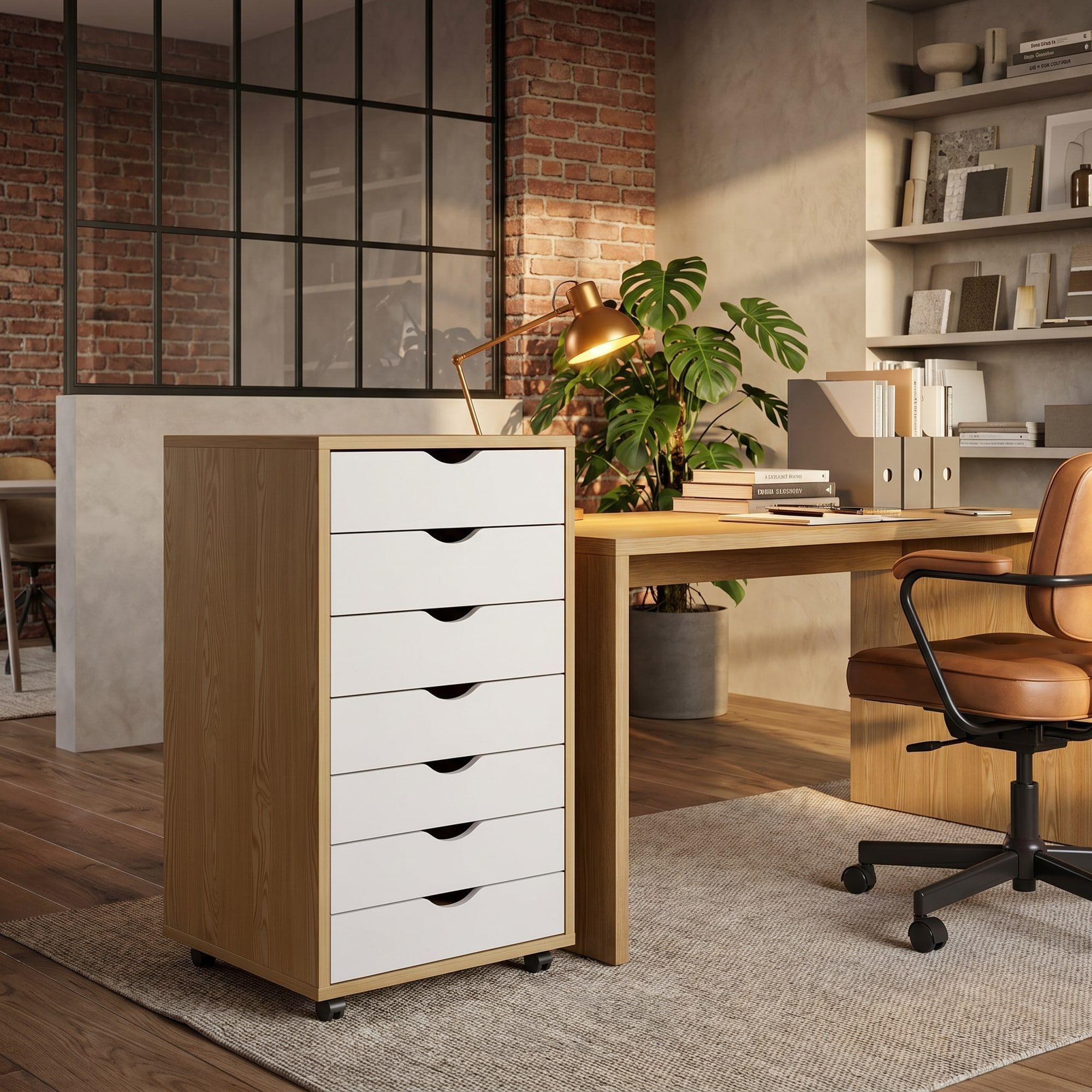 Mueble Para Oficina Cajonera 7 Tiras Archivador Con Rueda Color Marrón Claro-6