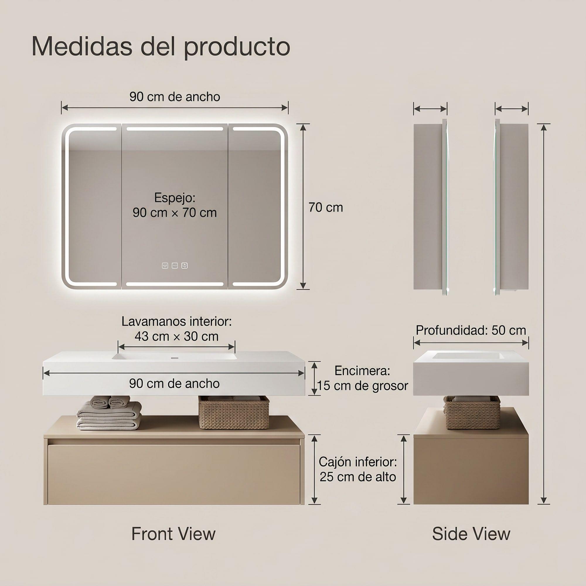 Vanitorio De Panal Aluminio+botiquín Espejo Inteligente S90 Beige Un Agujero-2