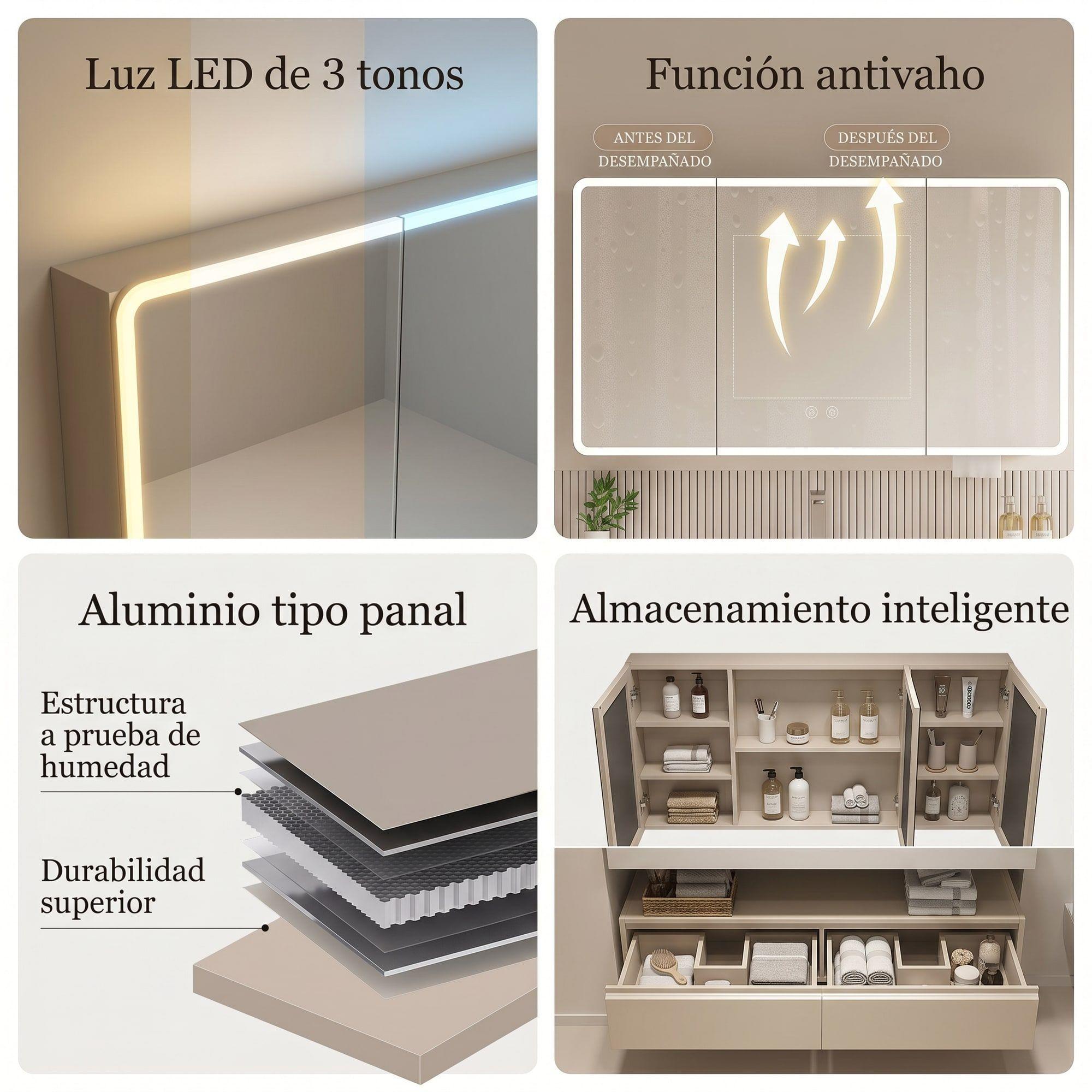Vanitorio De Panal Aluminio+botiquín Espejo Inteligente S90 Beige Un Agujero-3